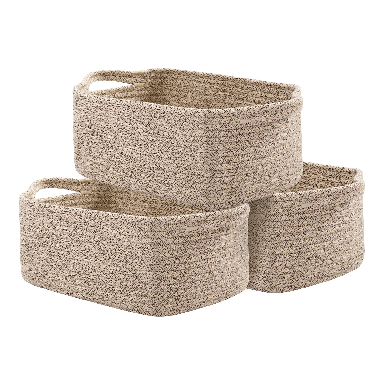 OIAHOMY Cotton Rope Baskets, Woven Baskets for Storage, Nursery Storage Baskets, Rectangle Storage Basket with Handles, Storage Baskets for Shelves, Pack of 3, Brown Variegated