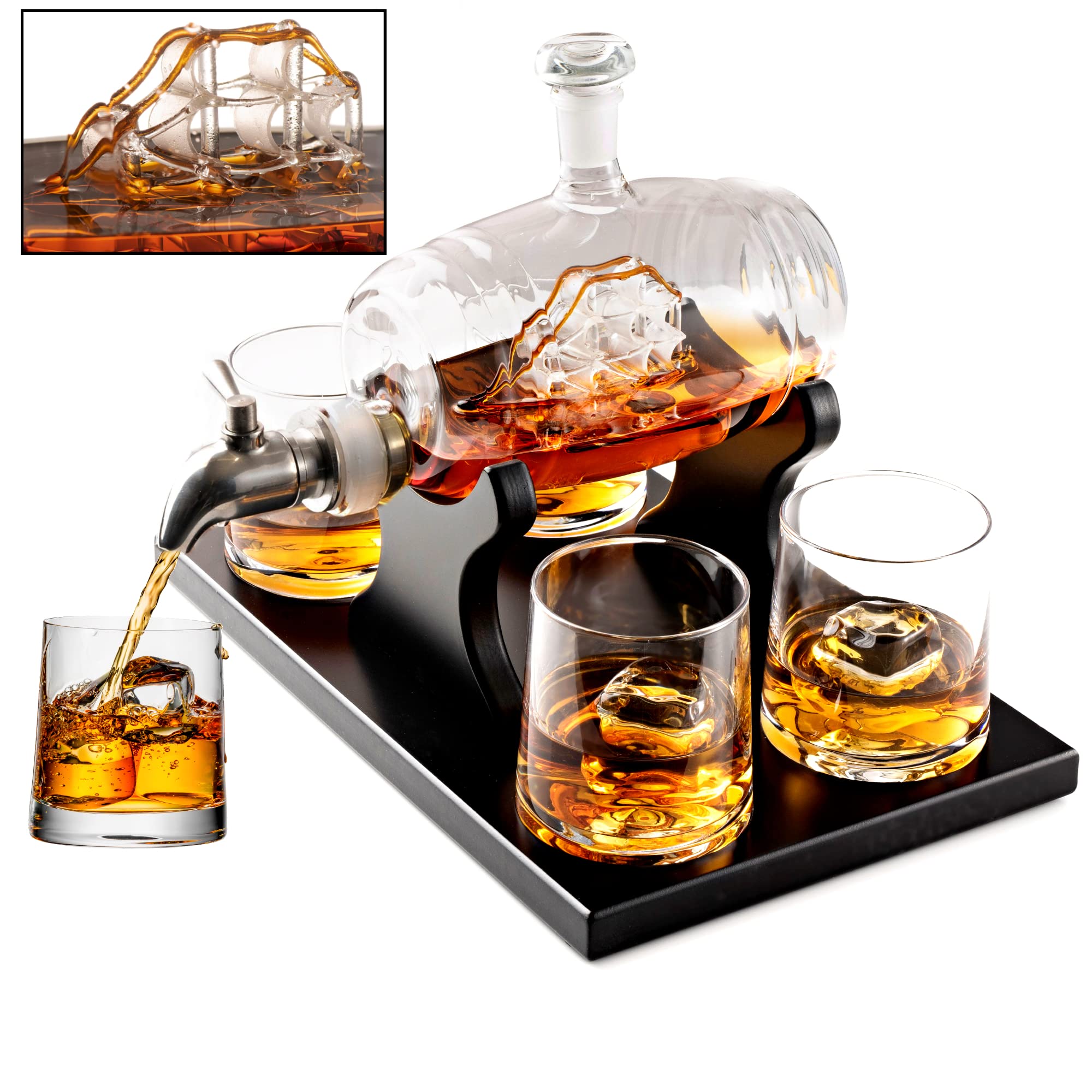 BezratWhiskey Decanter Barrel Gift Set - Liquor Dispenser Whiskey Gifts for Men - Ship in a Bottle Whiskey Decanter Set - 4 Whiskey Glasses for Men - 1000ml Whiskey Barrel Bourbon Gifts for Men -