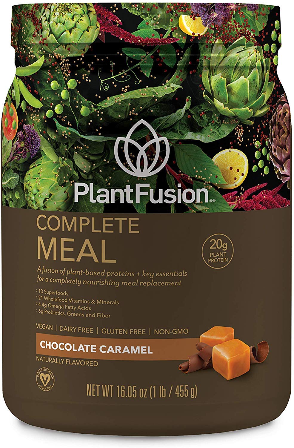 PlantFusionComplete Meal Replacement Shake - Plant Based Protein Powder with Superfoods, Greens & Probiotics - Vegan, Gluten Free, Soy Free, Non-Dairy, No Sugar, Non-GMO - Chocolate Caramel 1 lb