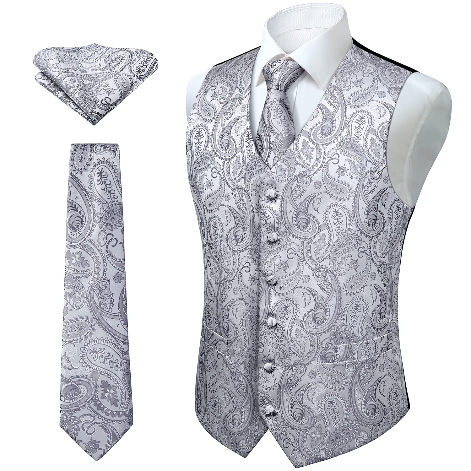 Men's Paisley Waistcoat Floral Jacquard Neck Tie Pocket Square Handkerchief Wedding Party Business Fit Vest Tweed Suit Waistcoats Set