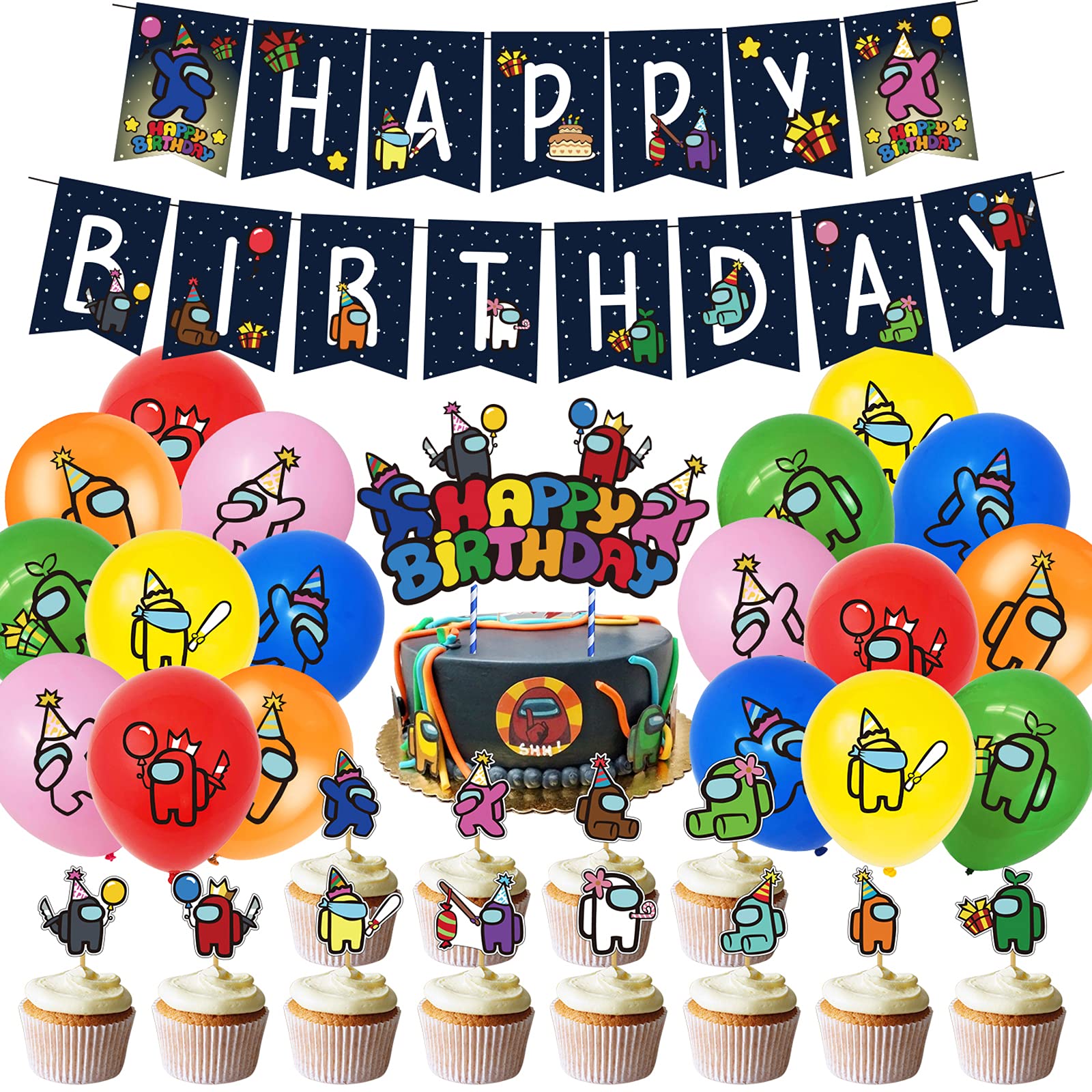 R-timer 47 Pcs Among Us Party Decorations Set Cupcake Toppers for Party Cake Decorations Party Supplies Decorations Birthday Cupcake Decor Gifts,1 Banner 1 Cake Topper 24 Cupcake Toppers 18 Balloons