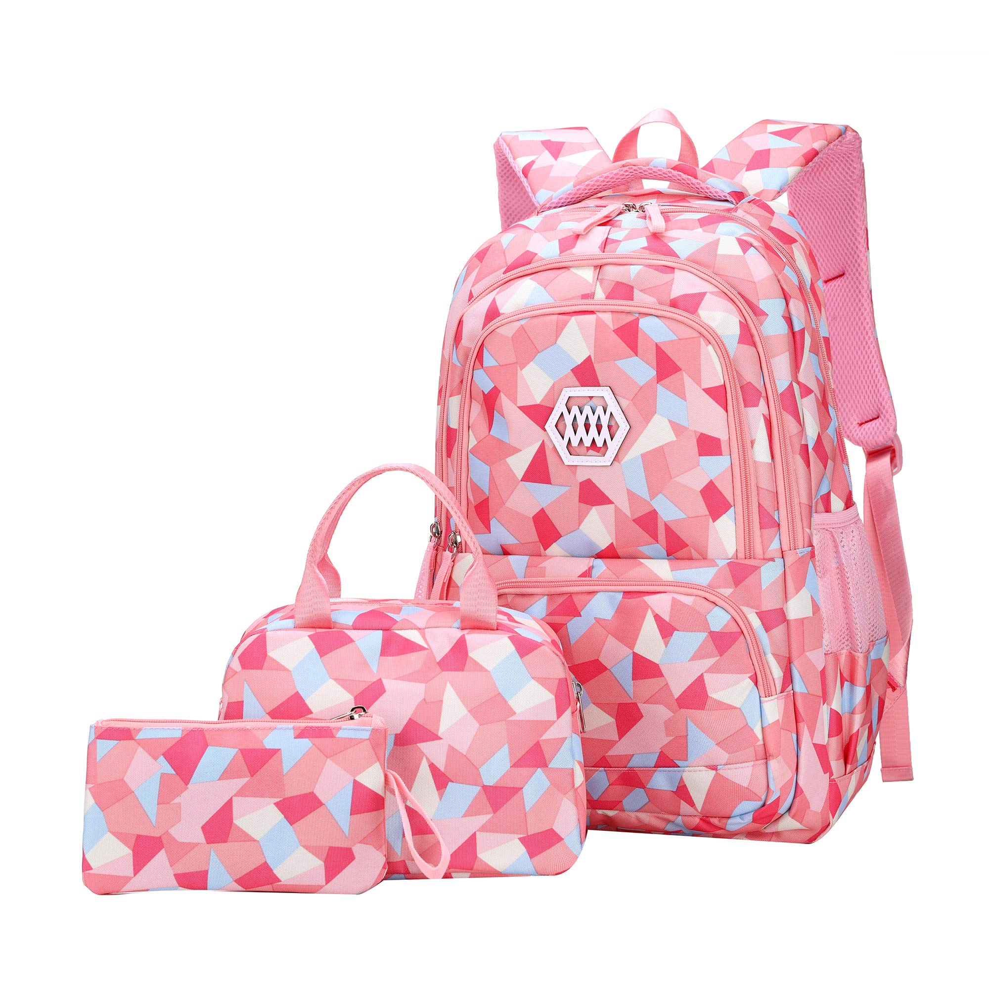 SellerFunGirl Geometric Printed Primary Junior High University School Bag Bookbag 3pcs Backpack Sets(2# Pink-3pcs,35L)