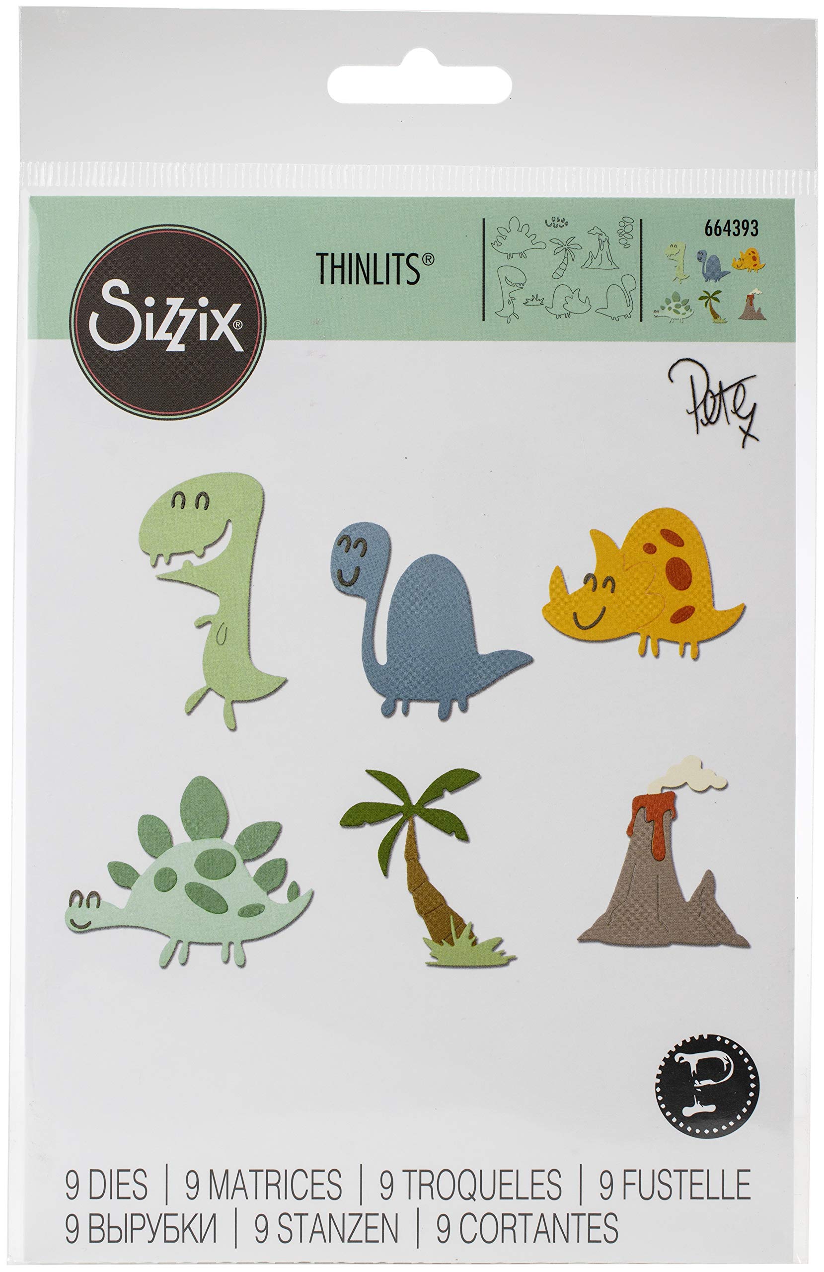 SizzixThinlits Die Set 9 Pack Dinosaurs By Pete Hughes, Multicolor