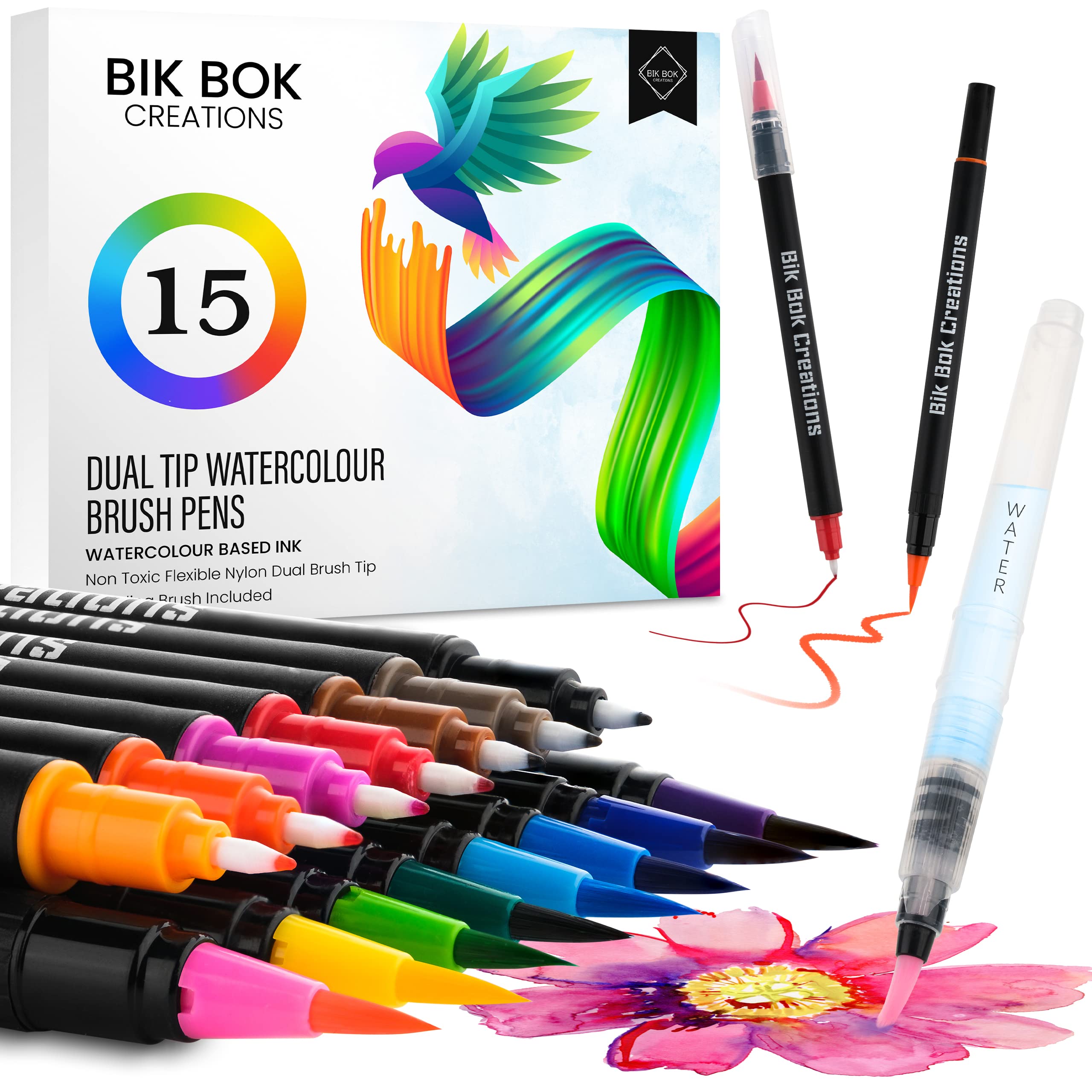 Bik bok creations Watercolour Pen Set – Dual Tips - 15 Piece Set + Blending Brush – Nylon Tips – 0.5mm Fine Tip – Non-Toxic Watercolour Based Ink