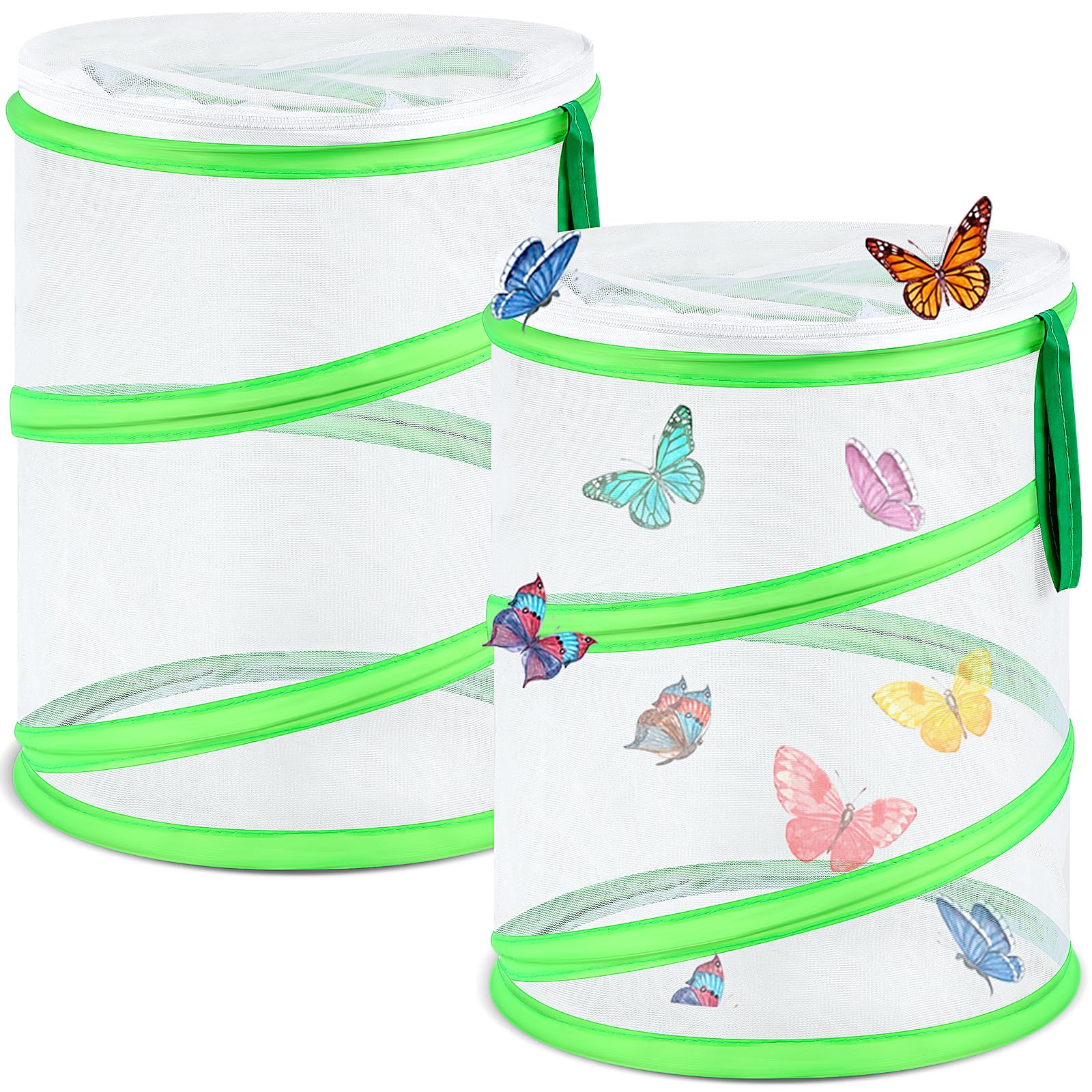 Sabary 2 Pcs Insect Butterfly Habitat Cage Terrarium 9 x 11 Inch Clear Mesh Butterfly House Pop up Butterfly Enclosure See Through Butterfly Cage for Caterpillars with Zipper Door for Boys Girls