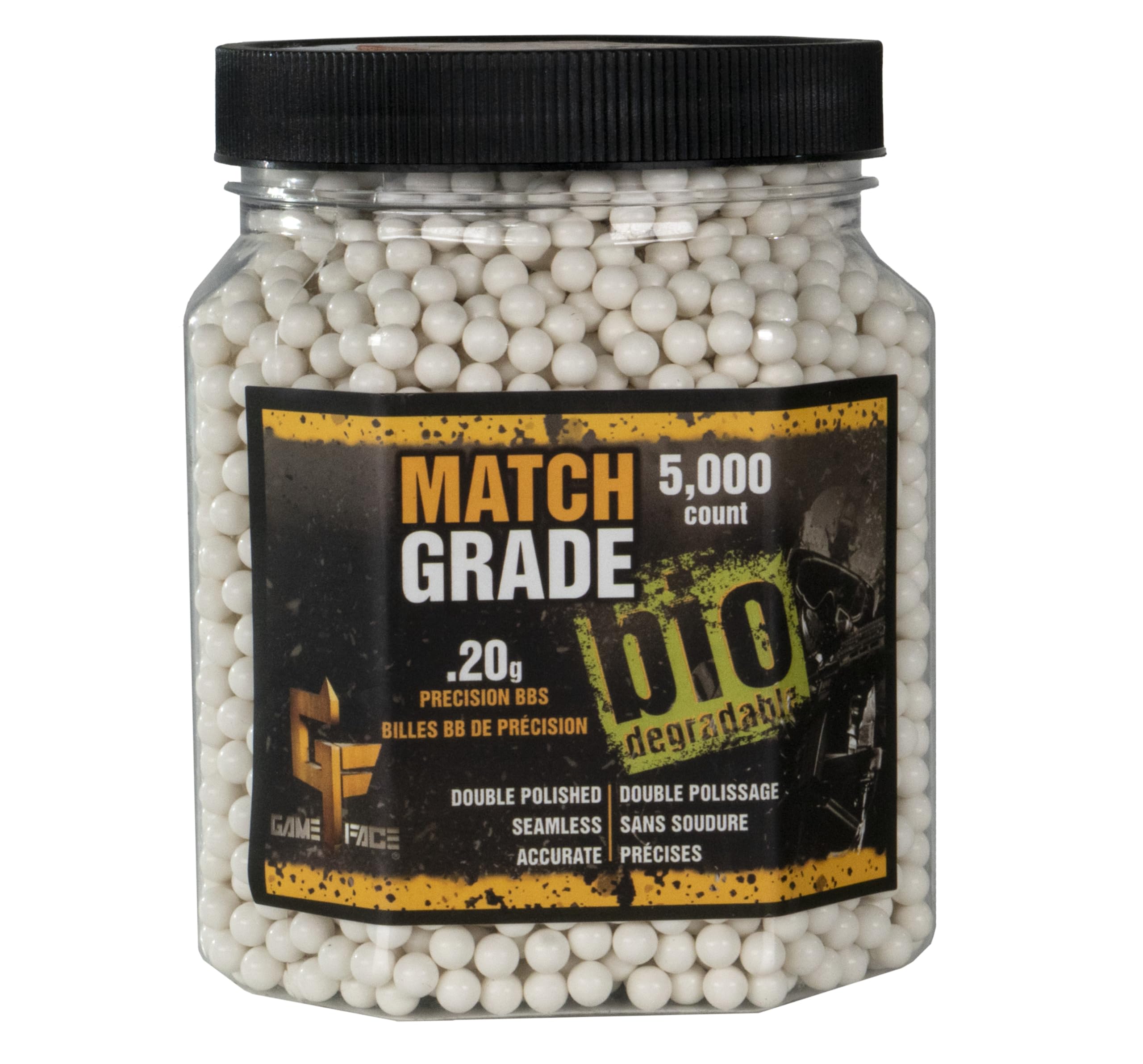 Game Face 20GBW5J 6mm Match Grade .20-Gram 6mm White Biodegradable Airsoft BBs, Multi (5000-Count)