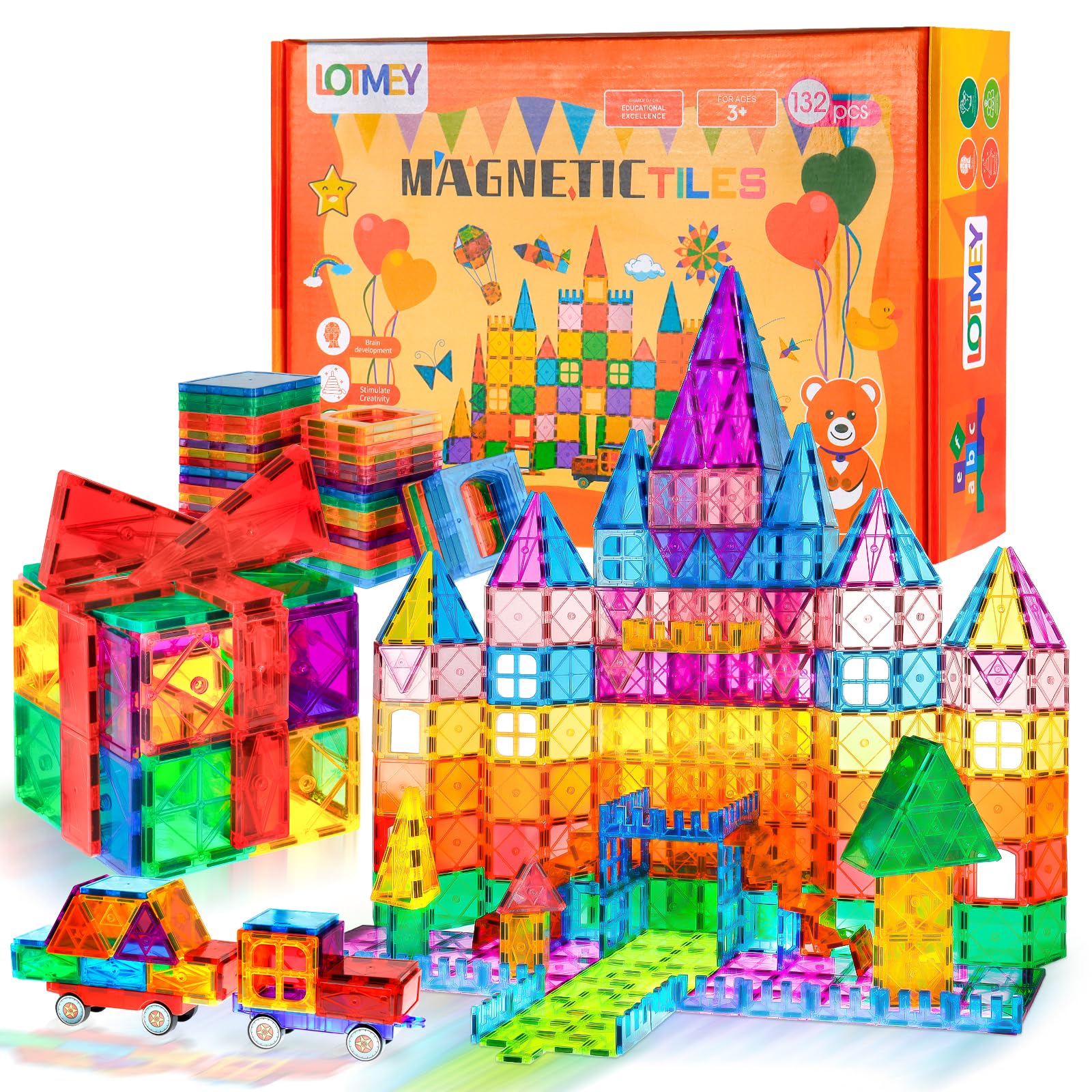 132PCS Magnetic Tiles with 2 Cars Deluxe Set, 3D Magnetic Building Blocks, Preschool Magnetic STEM Toys Sensory Educational Toys for Toddlers Kids 3 4 5 6 7 8-12, Gift for Boys Girls