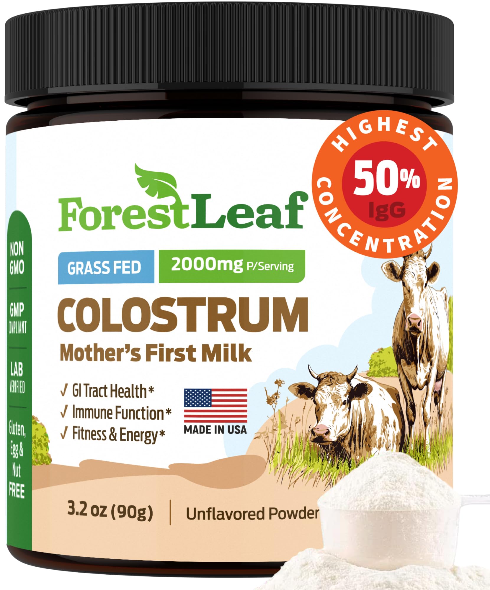 ForestLeafColostrum Powder 50% IgG Highest Pure Concentration, Grass Fed Colostrum Supplement for Gut Health, Immune Support and Muscle Recovery, Bovine Colostrum for Humans, Unflavored, 45 Servings