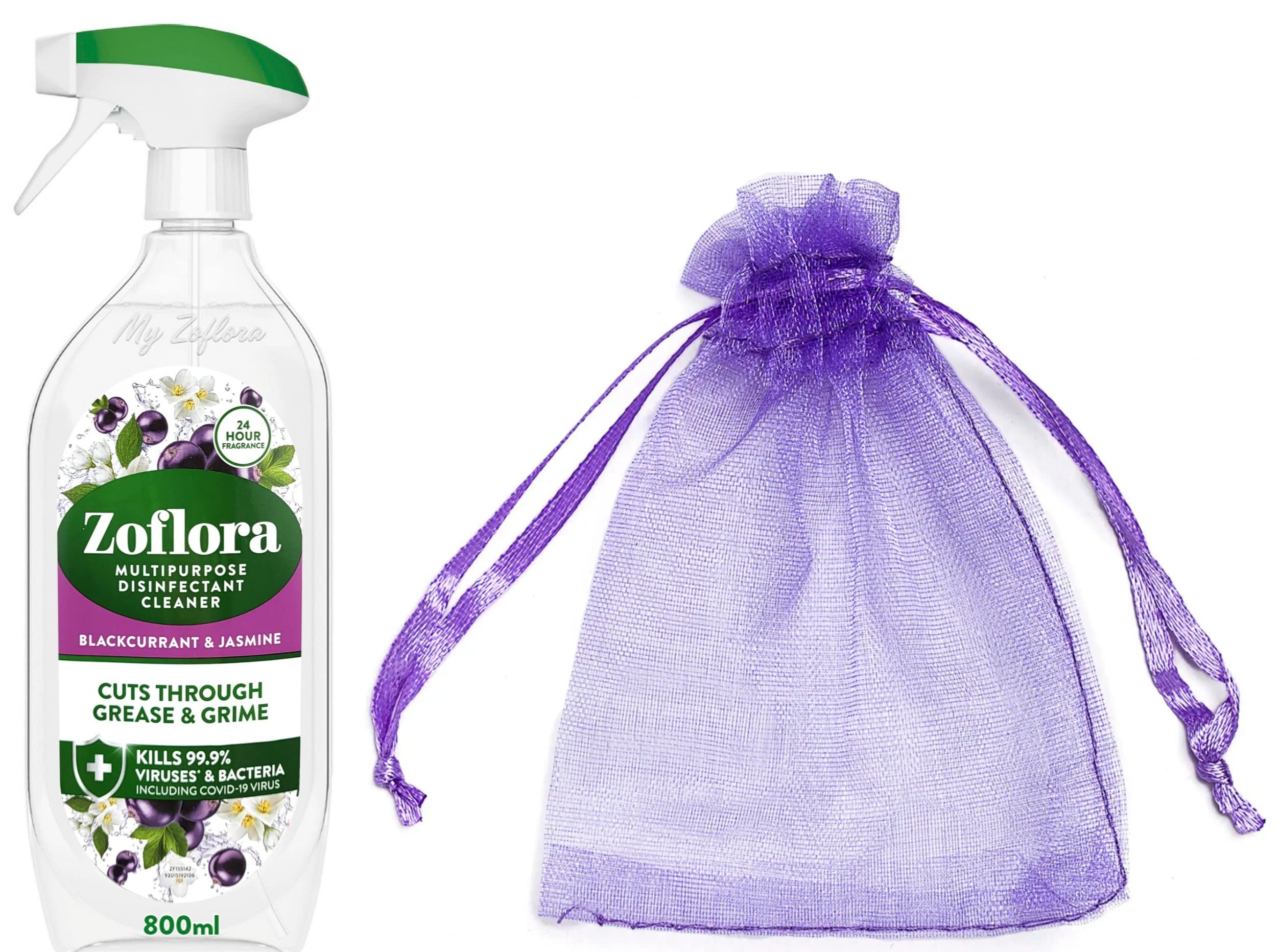 Zoflora Multi Purpose Disinfectant Cleaner Trigger Spray, Cuts Through Grease and Grime, Blackcurrant & Jasmine Scent, 1Pk x 800ml + Our Gift for You - Organza Bag Size: 9 x 7 x 0.1 cm