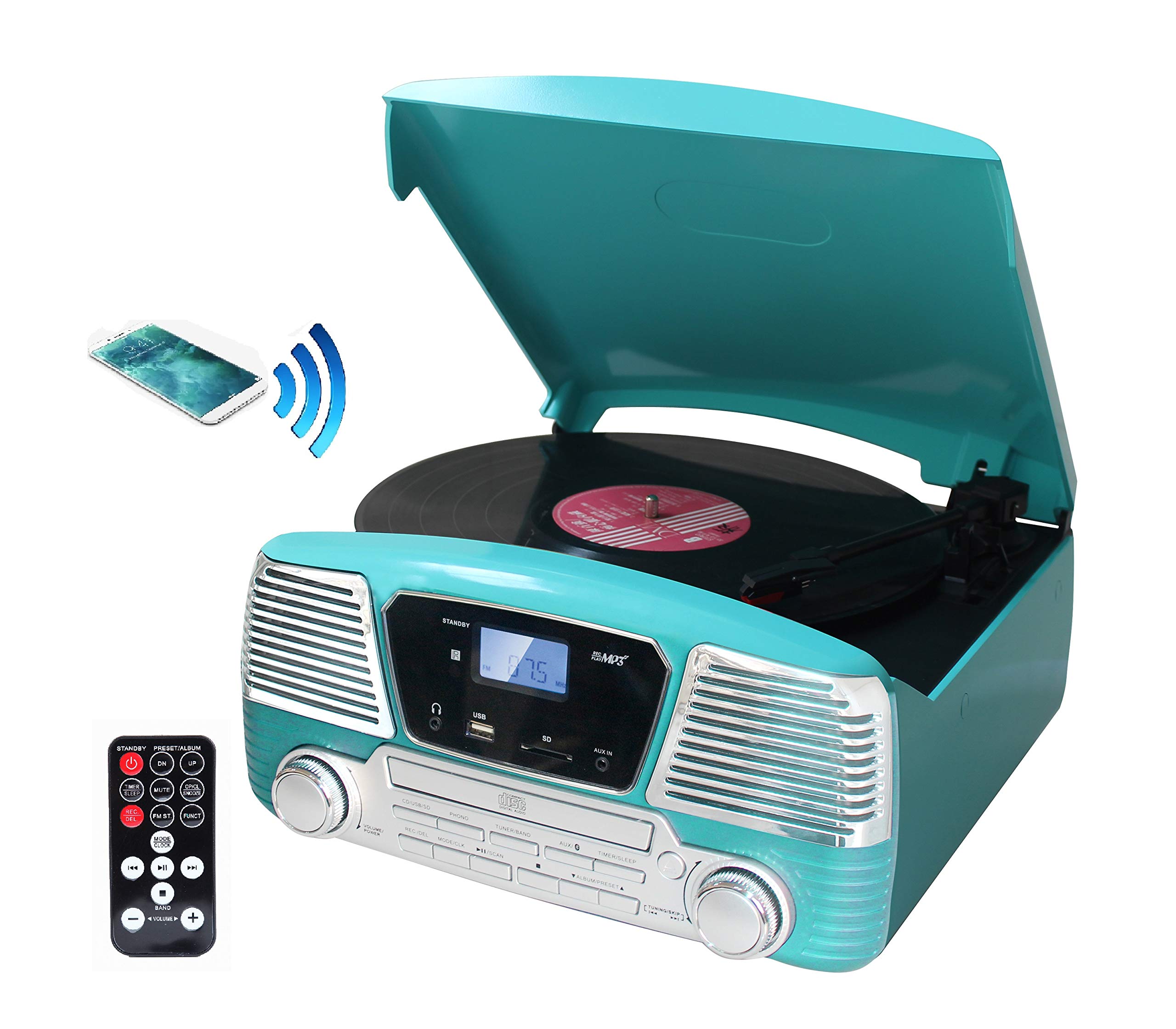 TechPlay ODC35BT TR with Bluetooth, 3 Speed Turntable Programmable MP3 CD Player, USB/SD, Radio & Remote Control