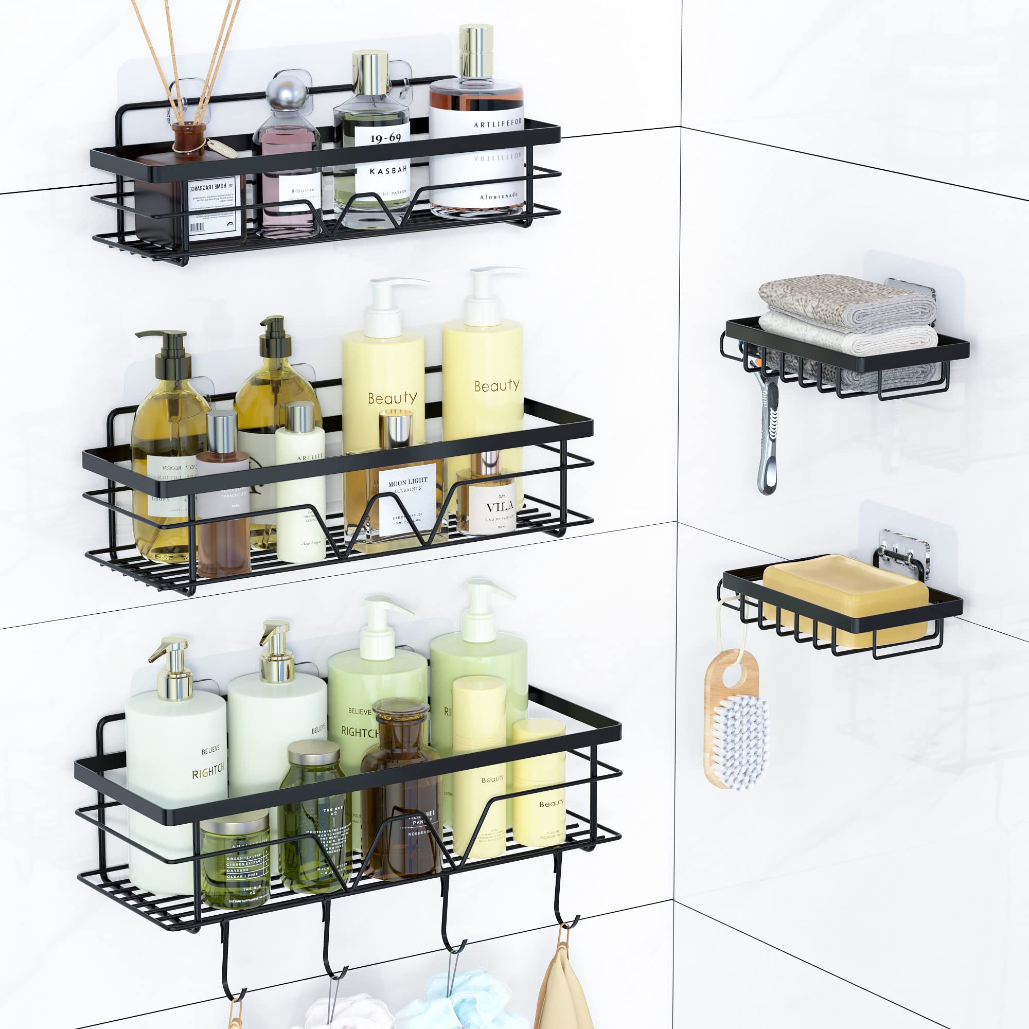 Vtopmart5 Pack Shower Caddy Shelves Organizer with 4 Hooks, Self Adhesive Rack Storage Shelf for Inside Shower, Stainless Steel Bathroom Shower Wall Organization, Black