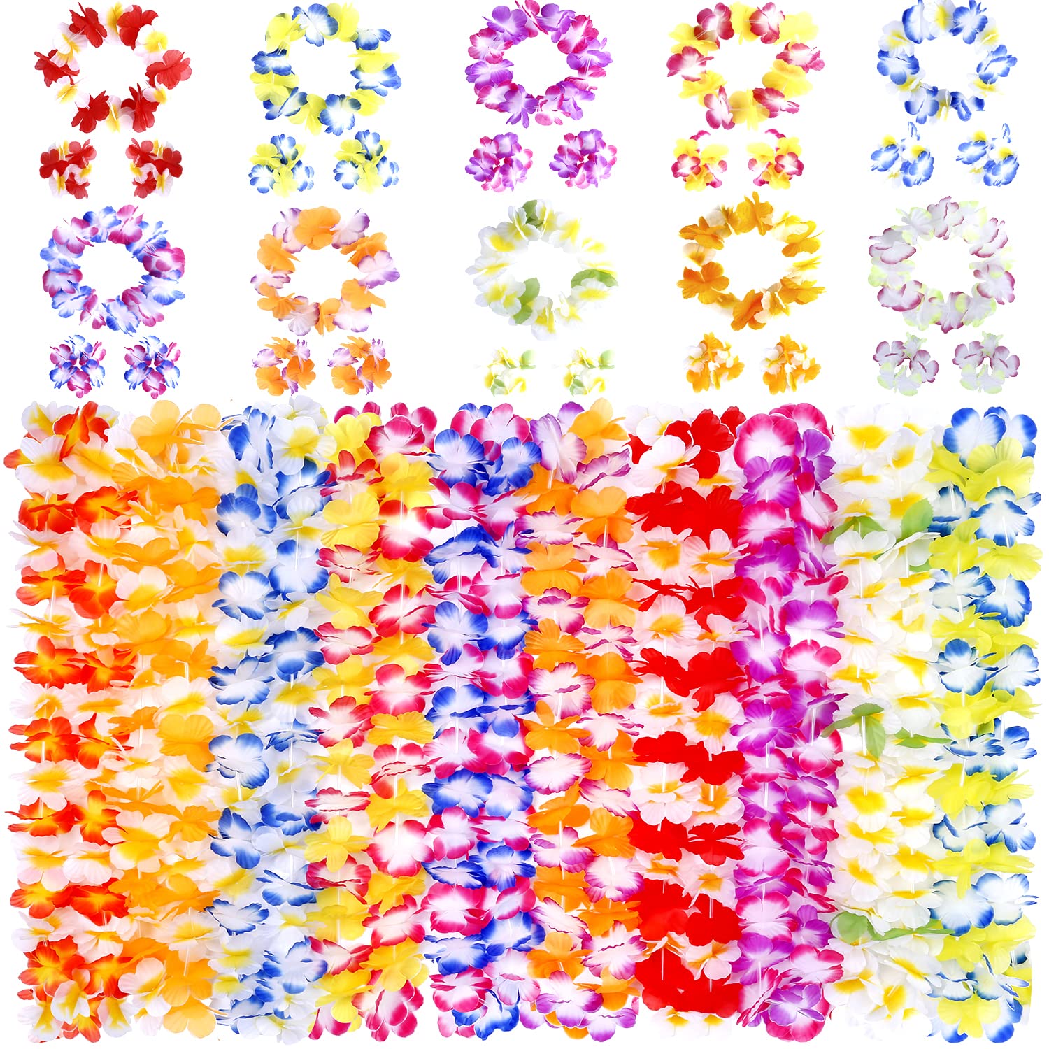 GINMIC Hawaiian Leis, Luau Party Favors Supplies, 50Pcs Tropical Hawaiian Party Necklace with 6 Lei Hair Clips,For Kids or Adults Party Supplies, Summer Beach Vacation, Theme Party Decorations,