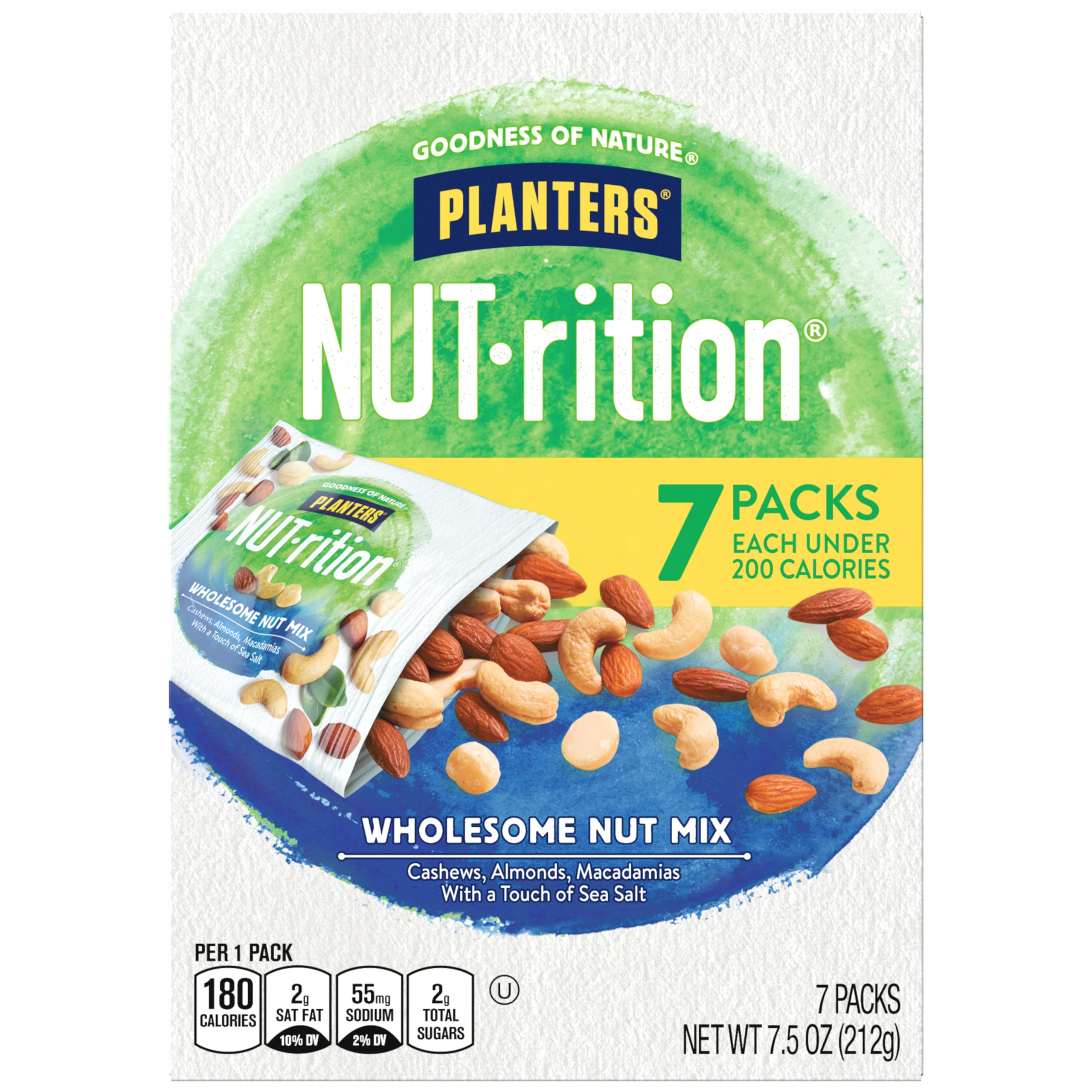 PlantersNUT-rition Wholesome Nut Mix, Mixed Nuts with Cashews, Almonds and Macadamia Nuts, Flavored with Sea Salt, Plant-Based Protein, Individual Nut Packs, After School Snack, 7.5oz (7 Count)