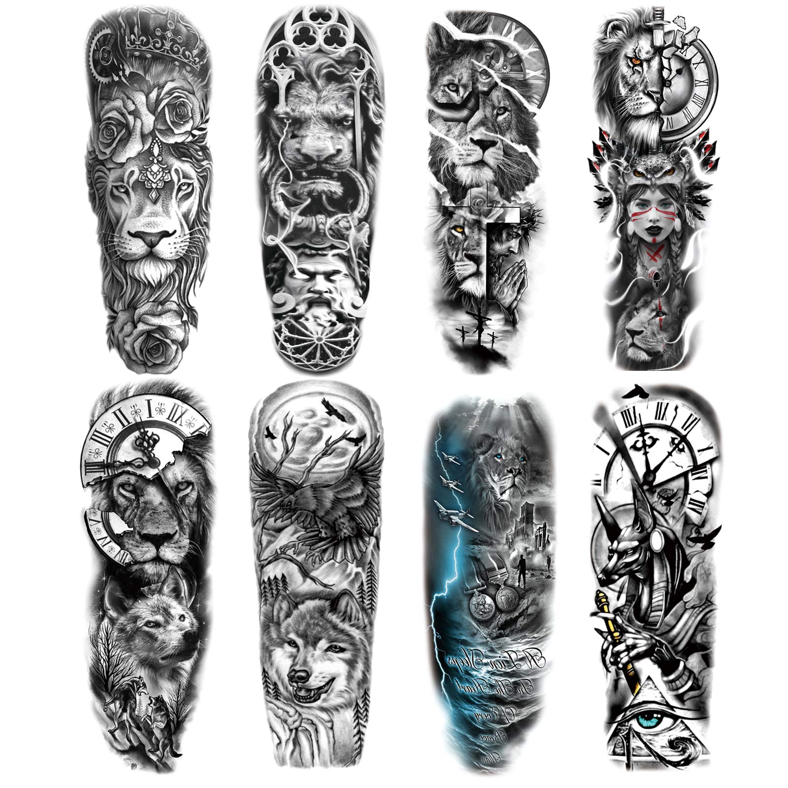 Fake Lion Sleeve Tattoo Stickers Full Arm Animal Temporary Tattoos Sleeves for Adult Kids Women Makeup, 8-Sheet