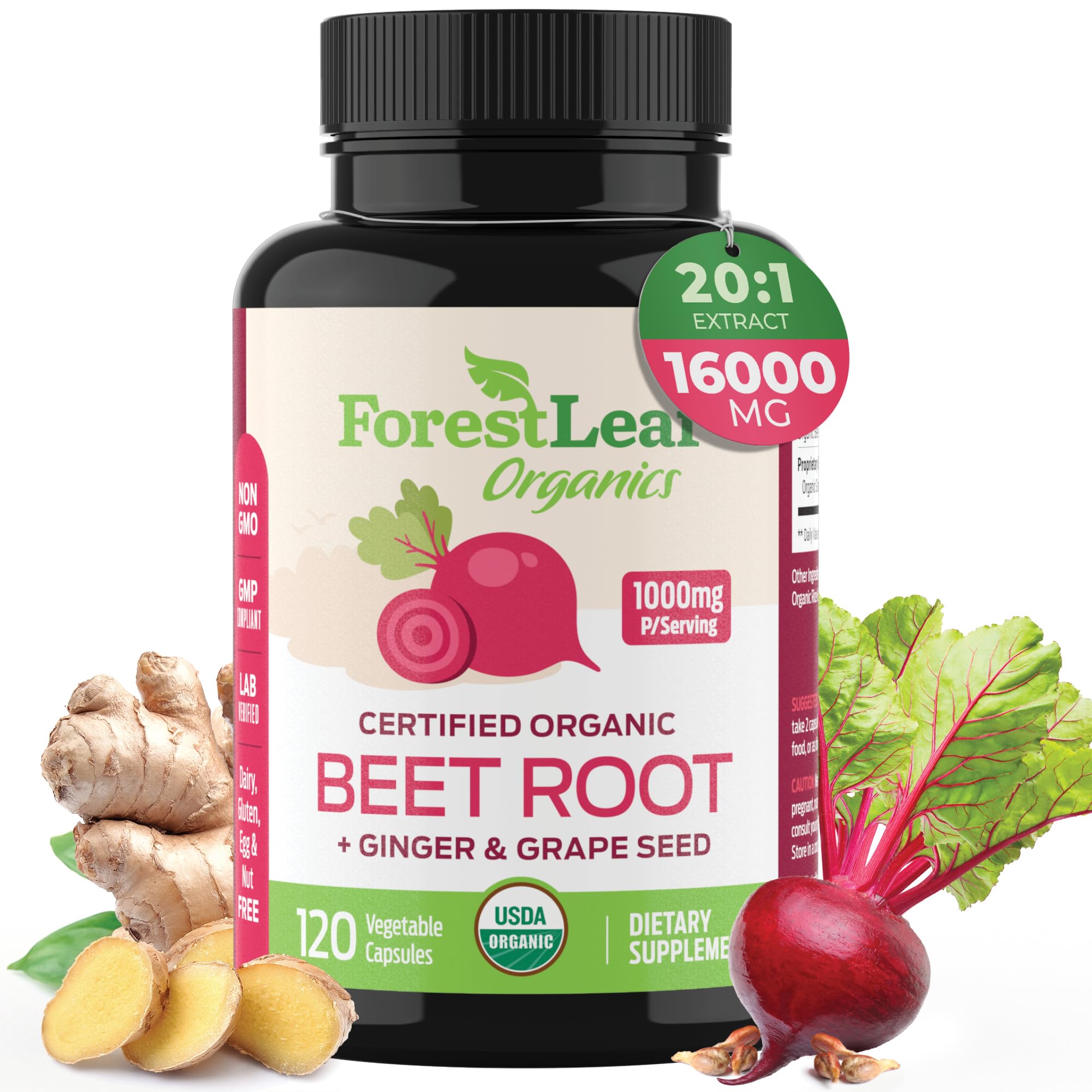 ForestLeaf Organic Beet Root Capsules - with Ginger & Grape Seed 16000mg Strength 20:1 Extract, Supports Nitric Oxide Production, Beets Supplements with Organic Non-GMO Beetroot Powder 120 Veggie Caps