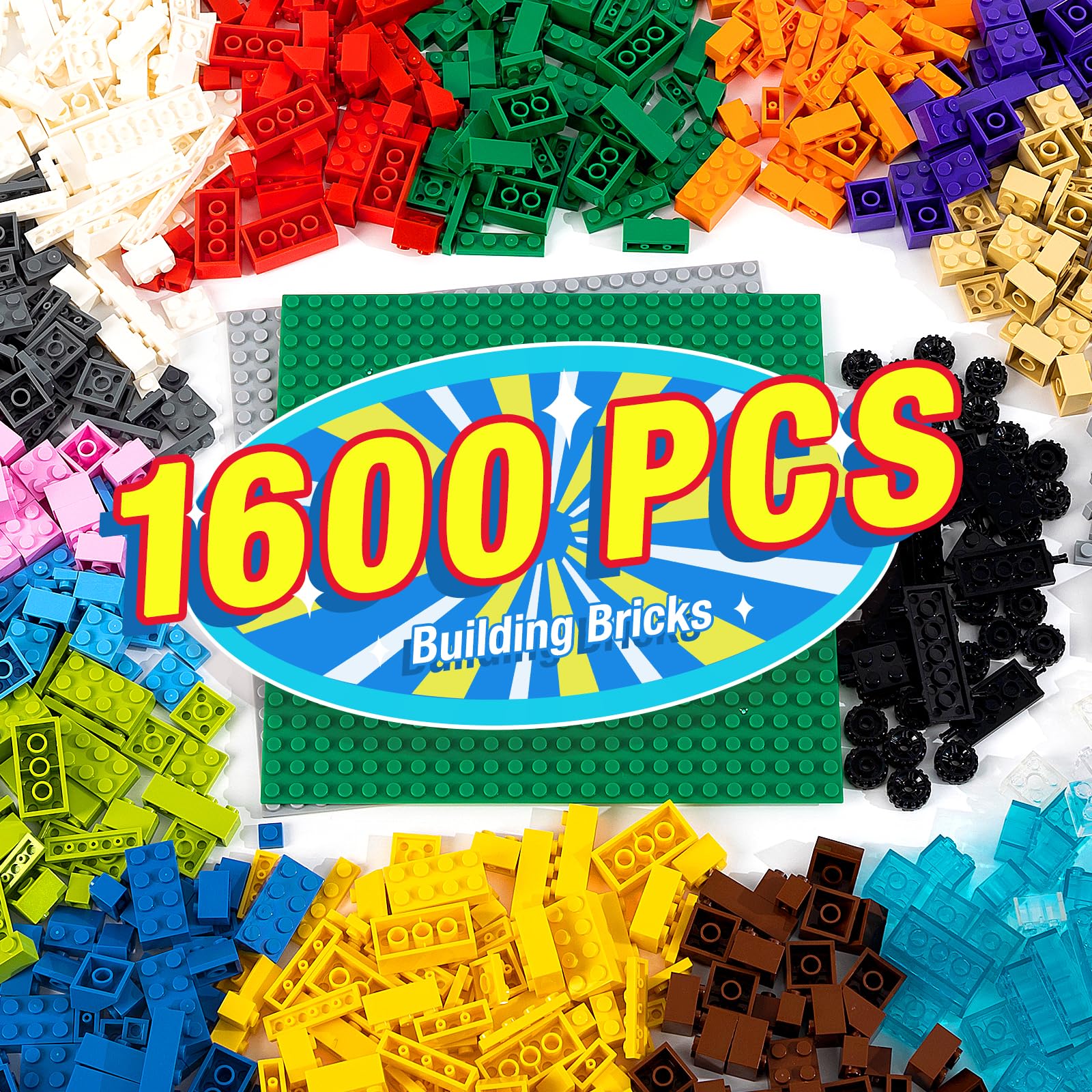 1600 Pieces Building Bricks, Building Bulks Blocks with 2 Packs 24x24 Studs Sticky Plates and 46PCS Wheel Accessory, Creative Building Toy Compatible with All Major Brands - 18 Shape/16 Color