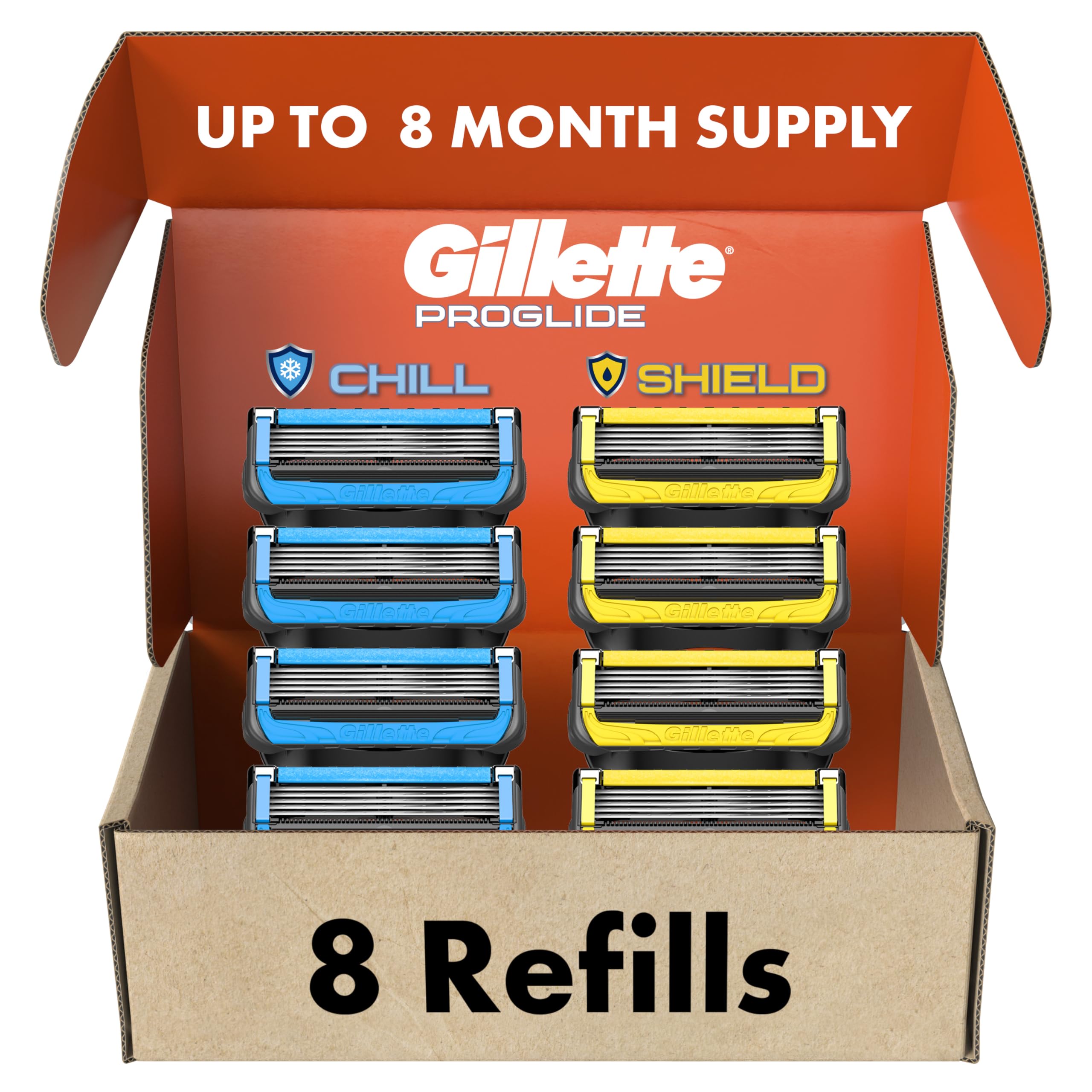 Gillette Mens Razor Blade Refills, 4 ProGlide Chill Cartridges, 4 ProGlide Shield Cartridges, Shields against Skin Irritation, Cools to sooth skin, 8 Count (Pack of 1)