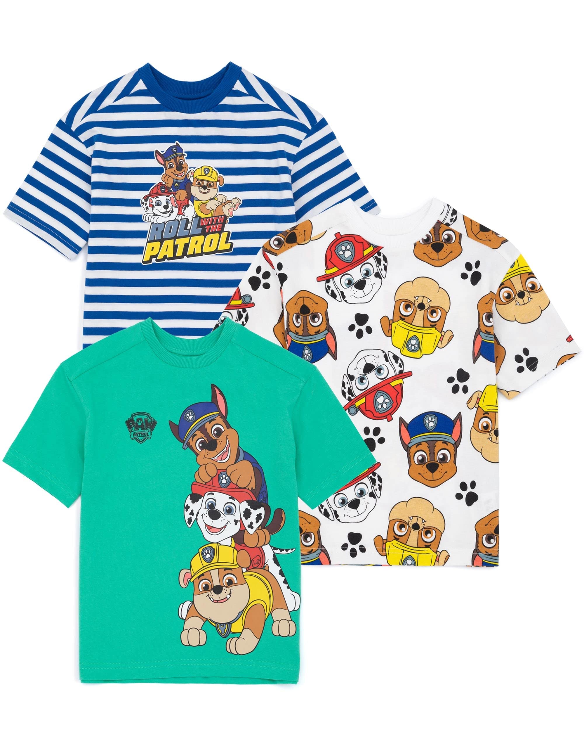 Paw PatrolBoys T-Shirt Pack of 3 | Rubble, Chase & Marshall - Roll with The Patrol Graphic Tee Bundle for Kids | Multicoloured Short Sleeve Cartoon Top Collection for Him | Cute Merchandise Gift