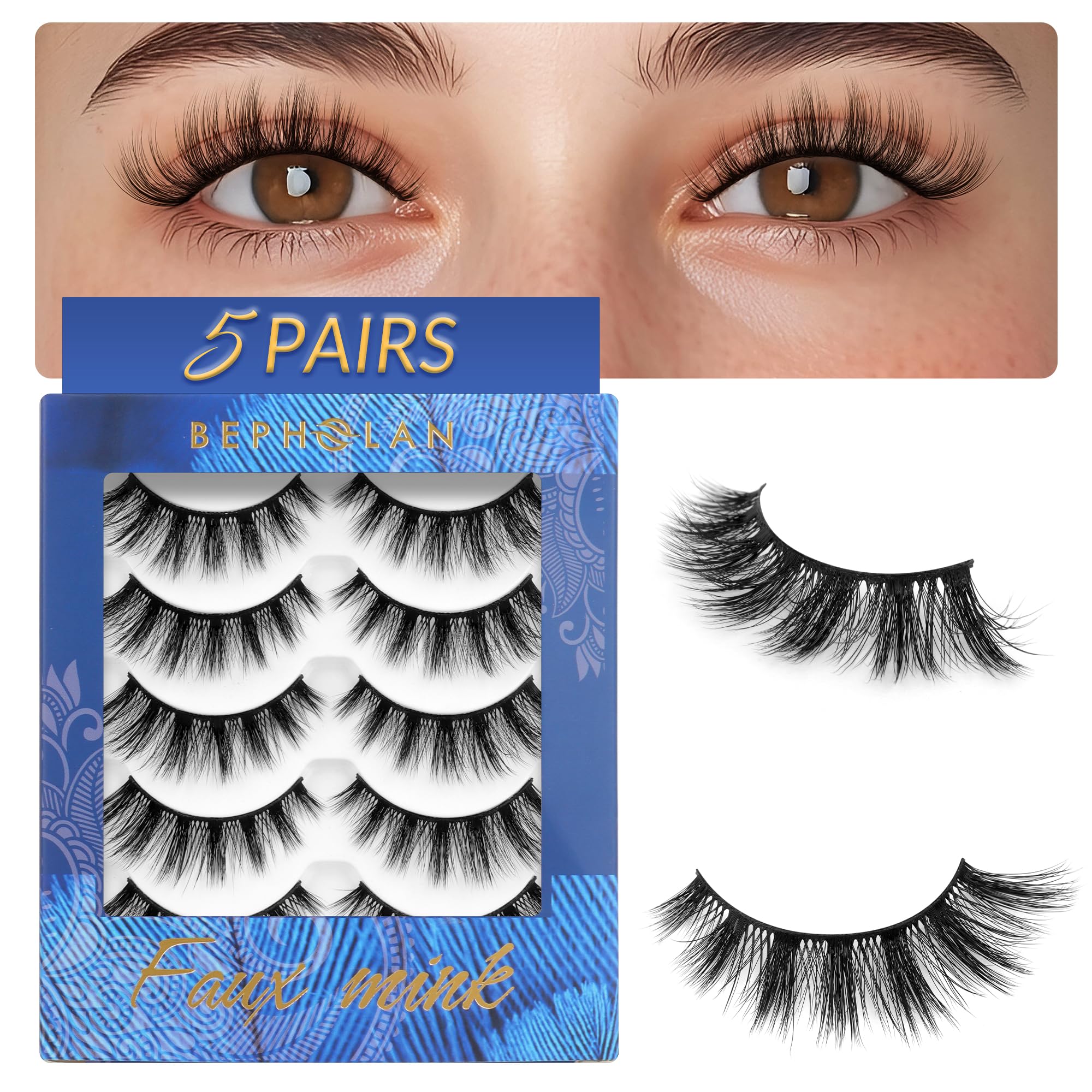 BEPHOLAN 5 Pairs False Eyelashes Synthetic Fiber Material | Natural Flare Look | Cruelty- Free and Handmade | Easy to Apply | 3D Faux Mink Lashes | XMZ116