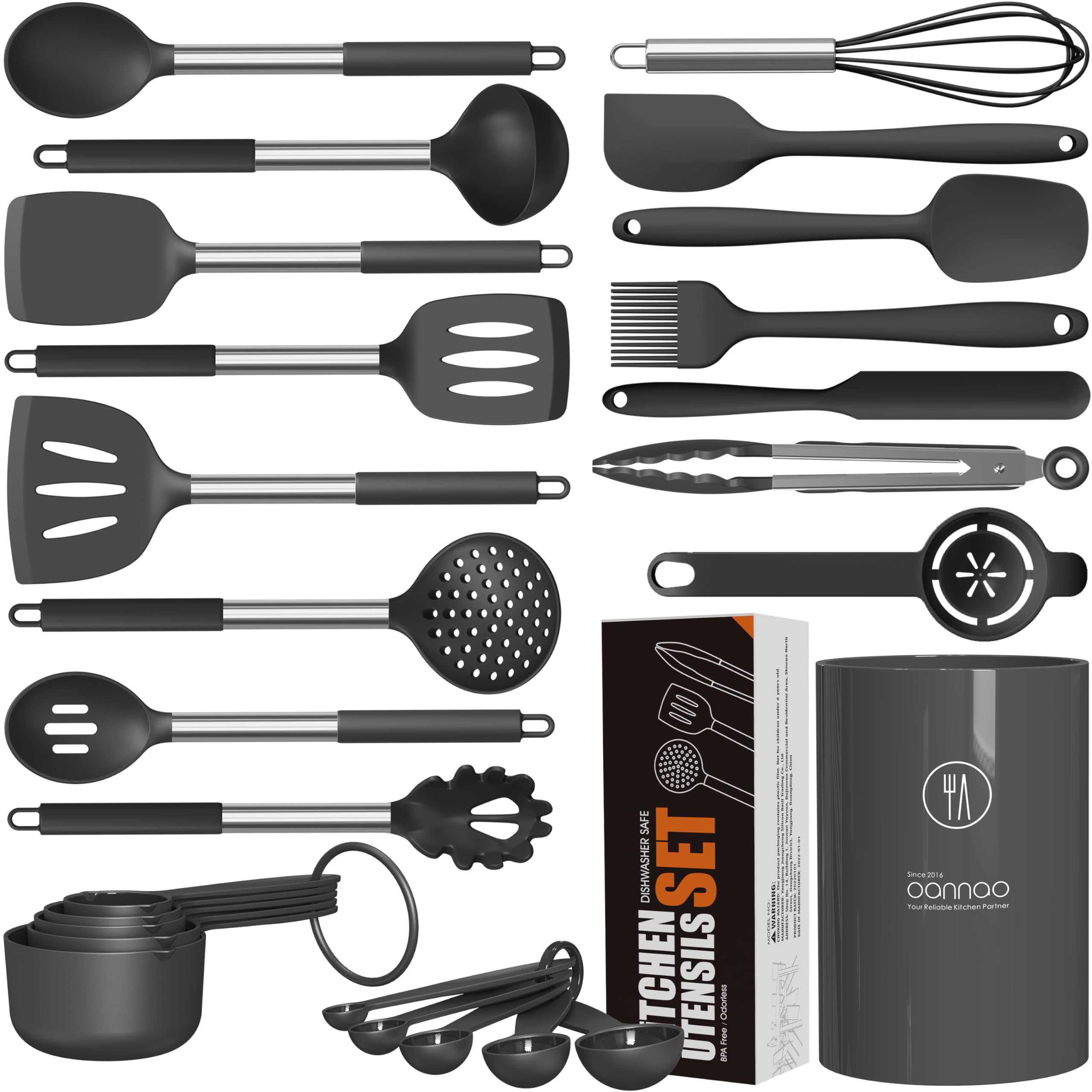 Large Silicone Cooking Utensils Set - Heat Resistant Kitchen Utensils Sets,Spatula,Spoon,Turner Tongs,Brush,Whisk,Stainless Steel Silicone Cooking Utensil for Nonstick Cookware Dishwasher Safe (Gray)