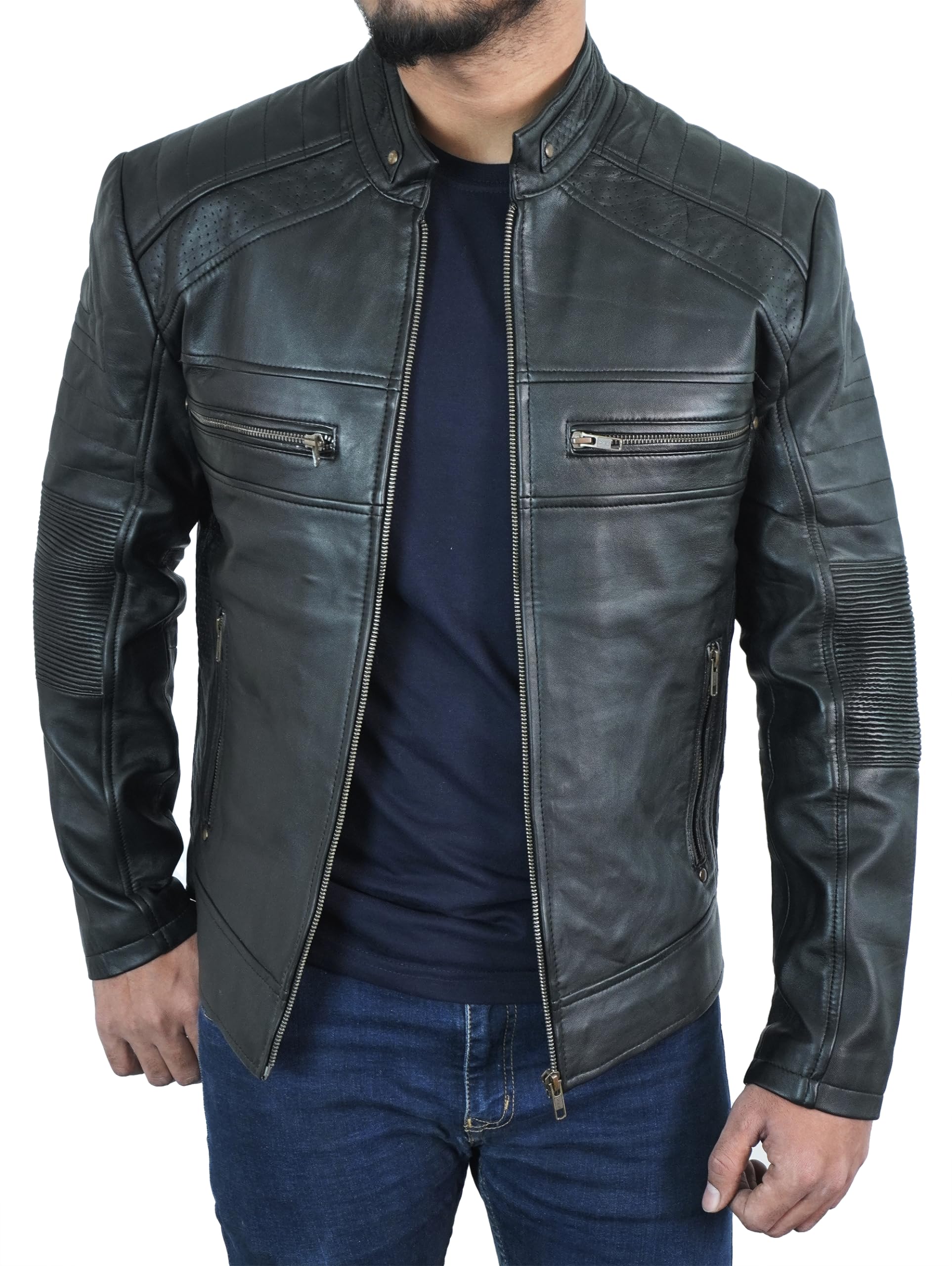 Cafe Racer Premium Leather Jacket Men - Motorcycle Biker Style Slim Fit Real Lambskin Men's Leather Jacket Classic