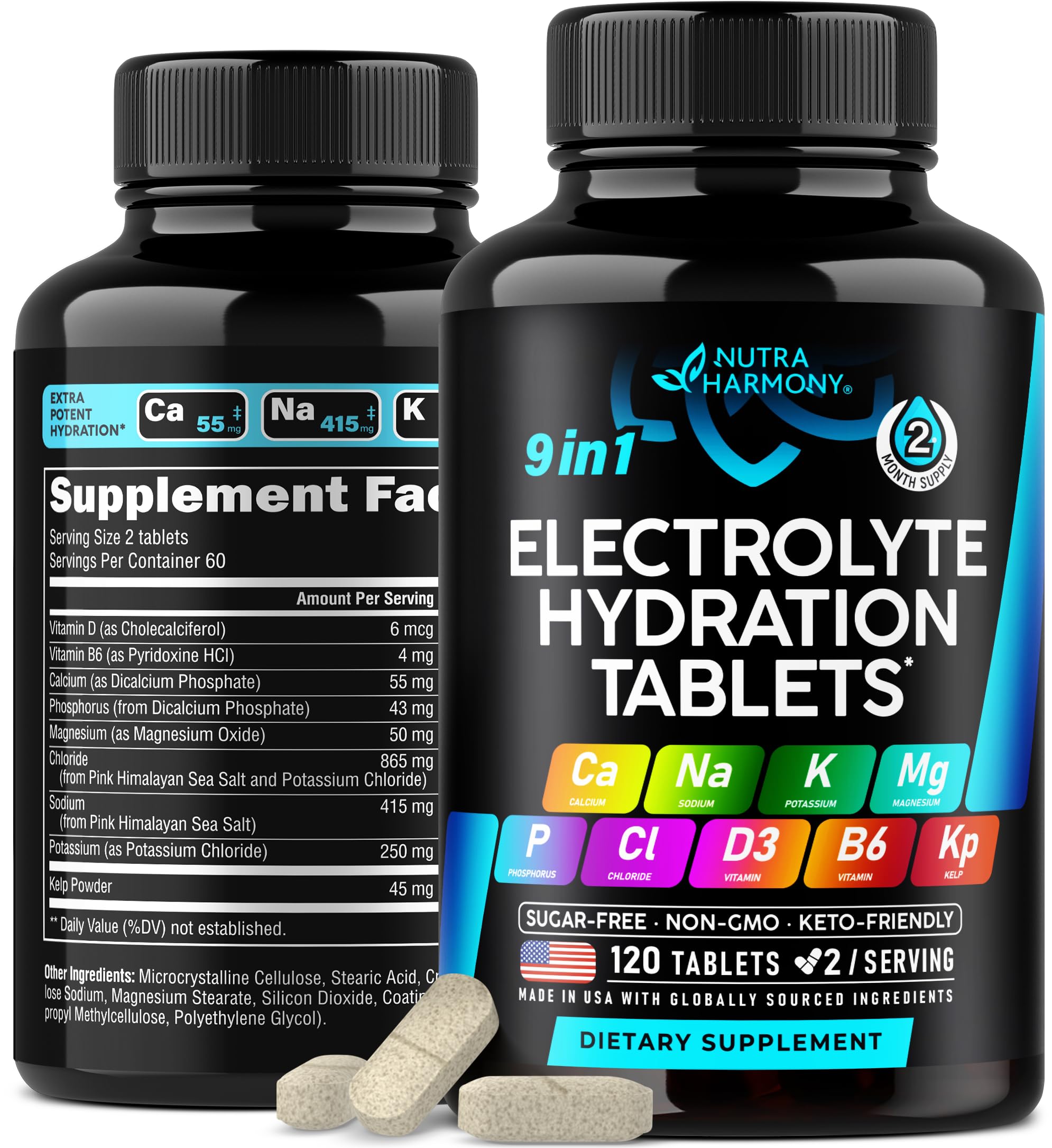 Electrolytes - Electrolyte Tablets with Magnesium, Sodium, Potassium, Chloride, Vitamins D3 & B6, Kelp Powder - Salt Pills - Made in USA - Oral Tablets as Capsules - Vegan & Keto Friendly - 120 Tabs