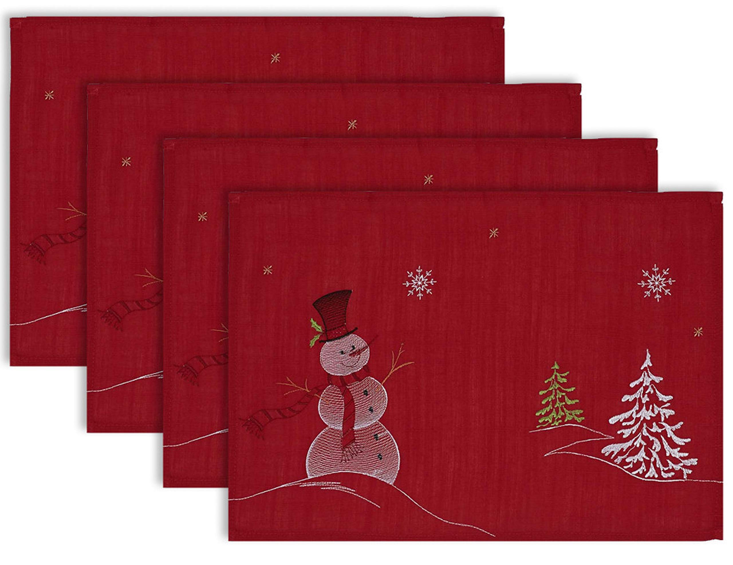 DII Embroidered Holiday Table Décor Collection Christmas Kitchen, Snowman Placemat Set, 13x19, Red, 4 Piece