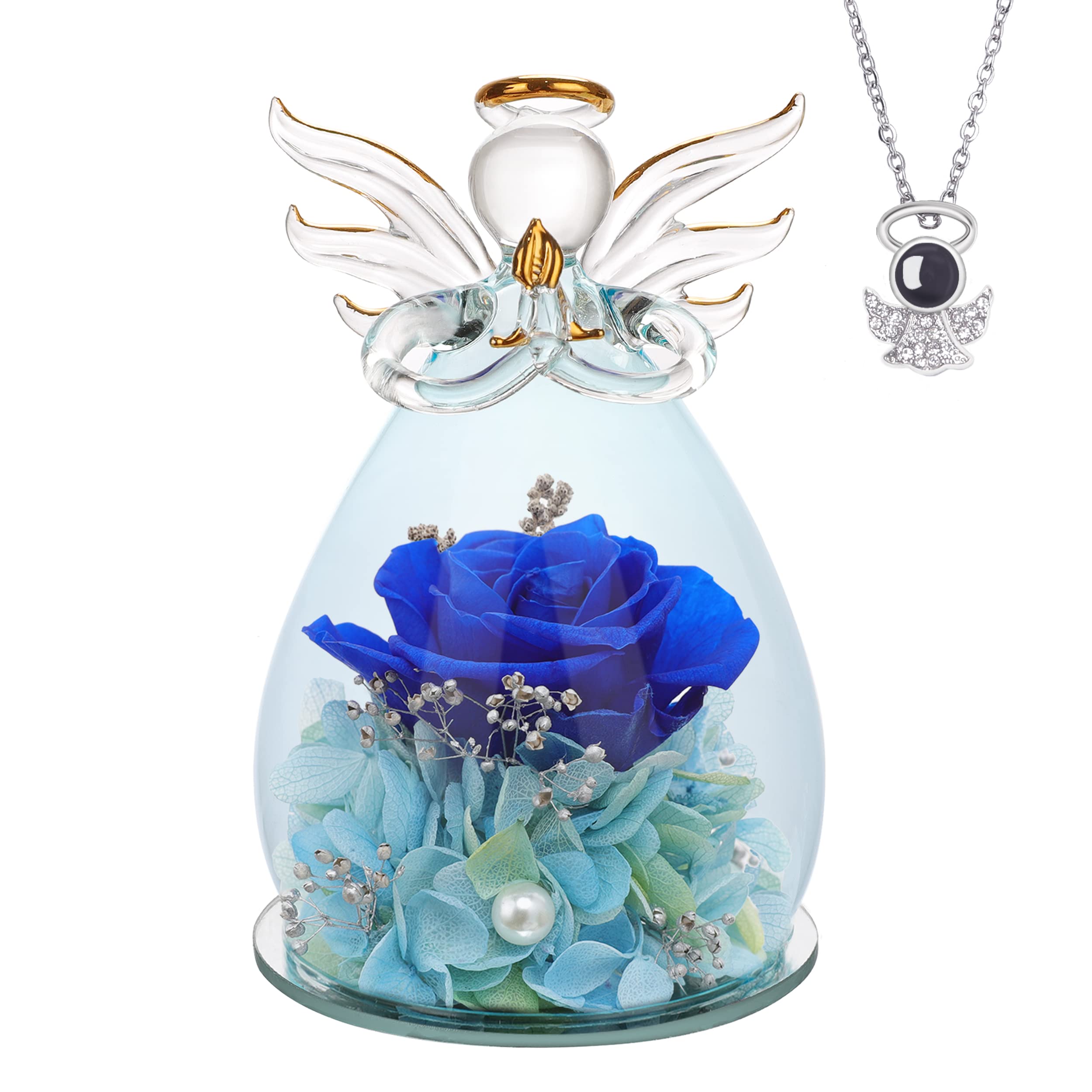 ANLUNOB 5.2" H Glass Angel Gifts with Necklace- Birthday Thank You Gifts for Women Wife Grandma Mom, Dark Blue Preserved Flowers for Christian Gifts