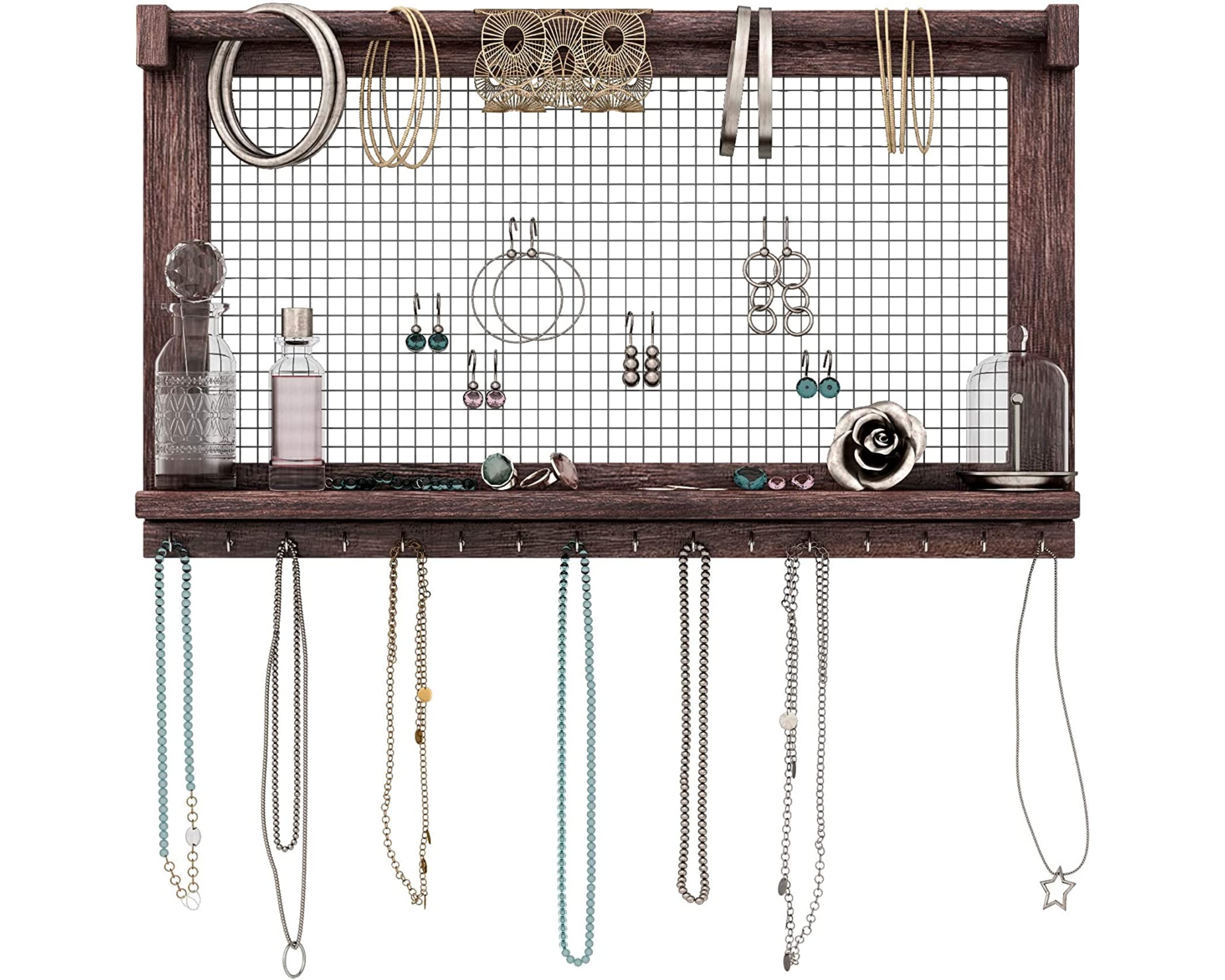 ComfifyRustic Jewelry Organizer – Wall Mounted Jewelry Holder Organizer with Removable Bracelet Rod and 16 Hooks – Perfect Earrings, Necklaces and Bracelets Holder – Vintage Jewelry Display