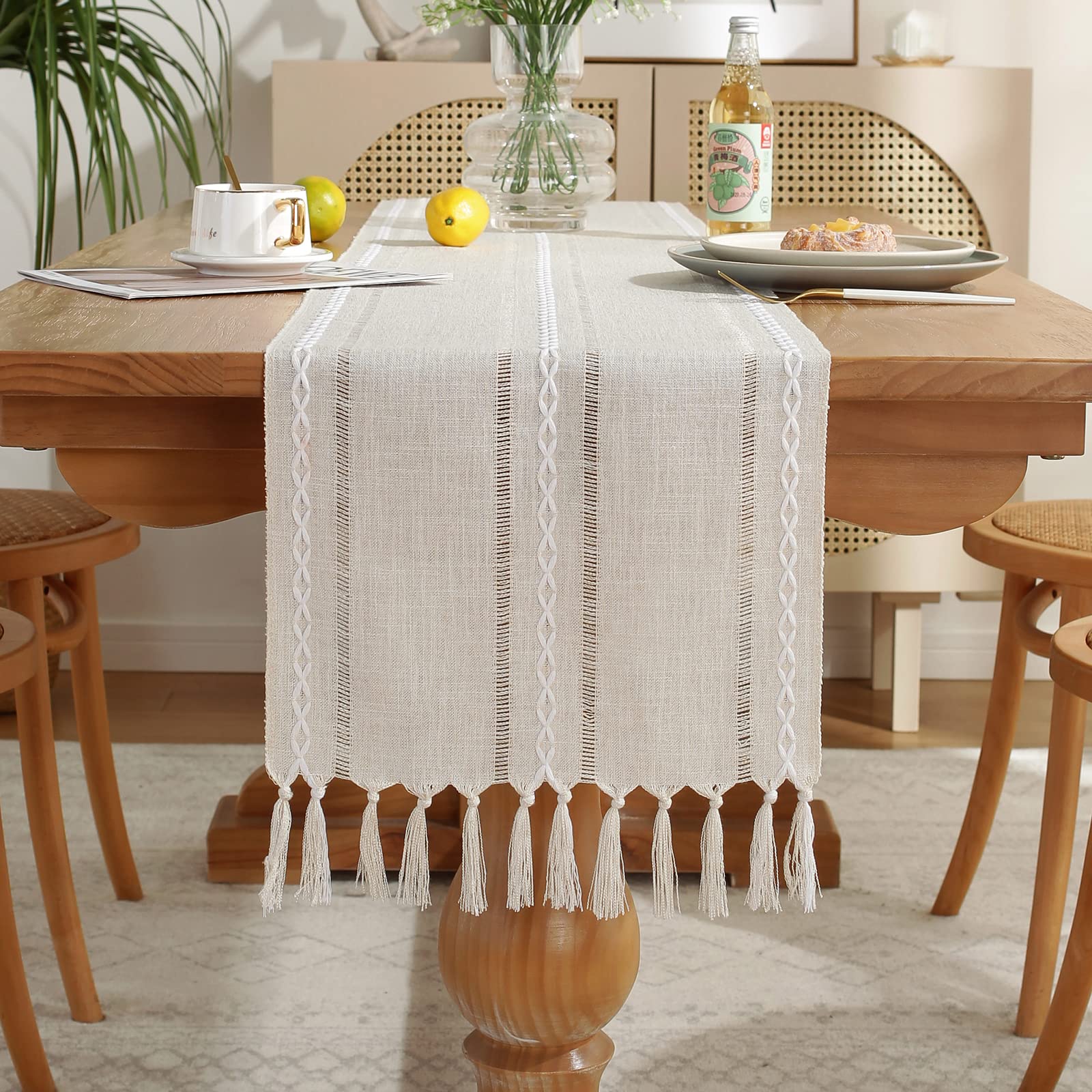 Laolitou Rustic Table Runner with Tassels, Cotton Linen Table Decoration for Holiday Party, Farmhouse Table Runners, Wedding and Dining Decorations, 90 Inches, Ivory