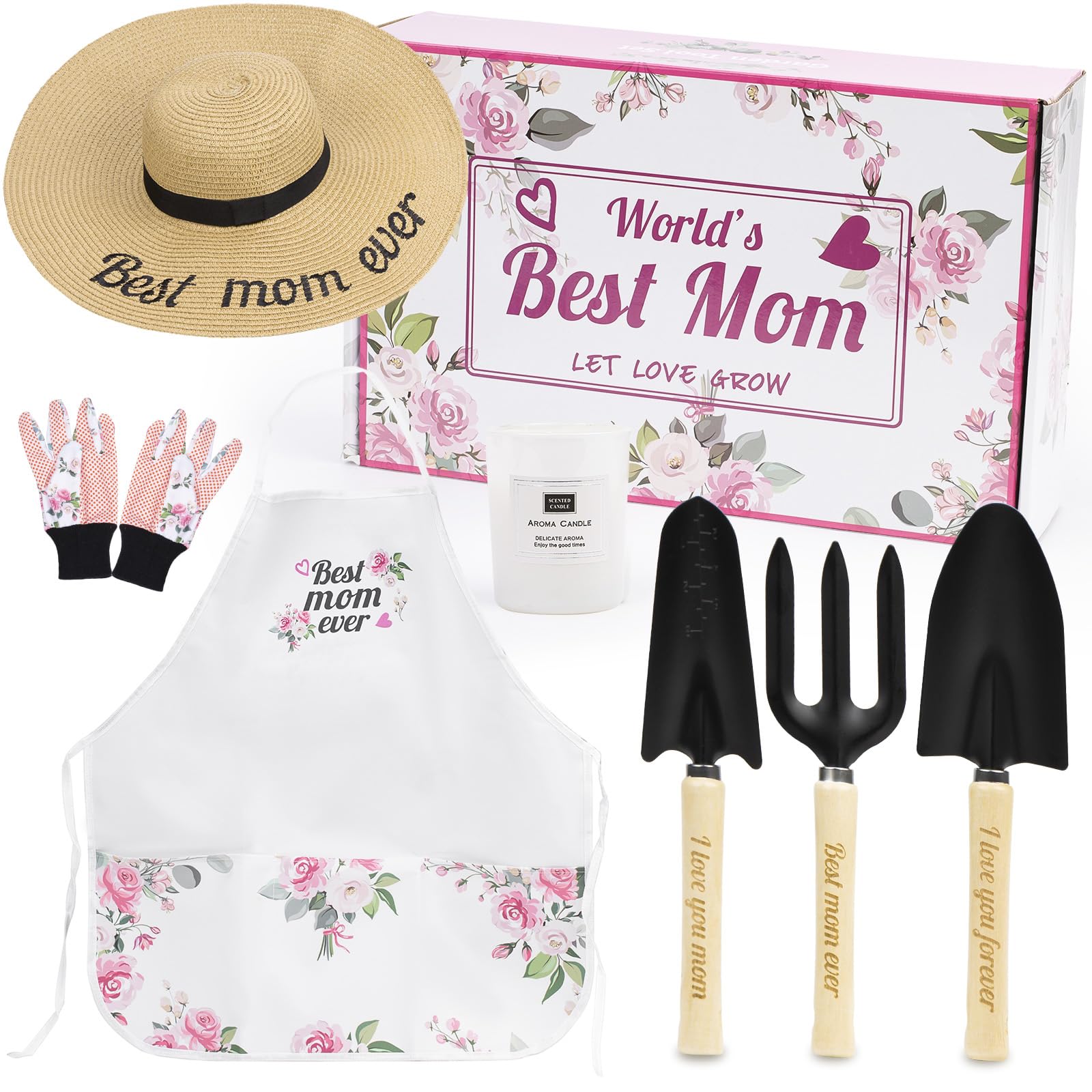 Gift for Mom,Garden Tool Set,7 Pieces Gardening Gifts for Women with Planting Tools,Straw Hat Floral Apron Glove,Birthday Gift for Mom Grandmother Spring Outdoor Horticulture Pink (Mom)