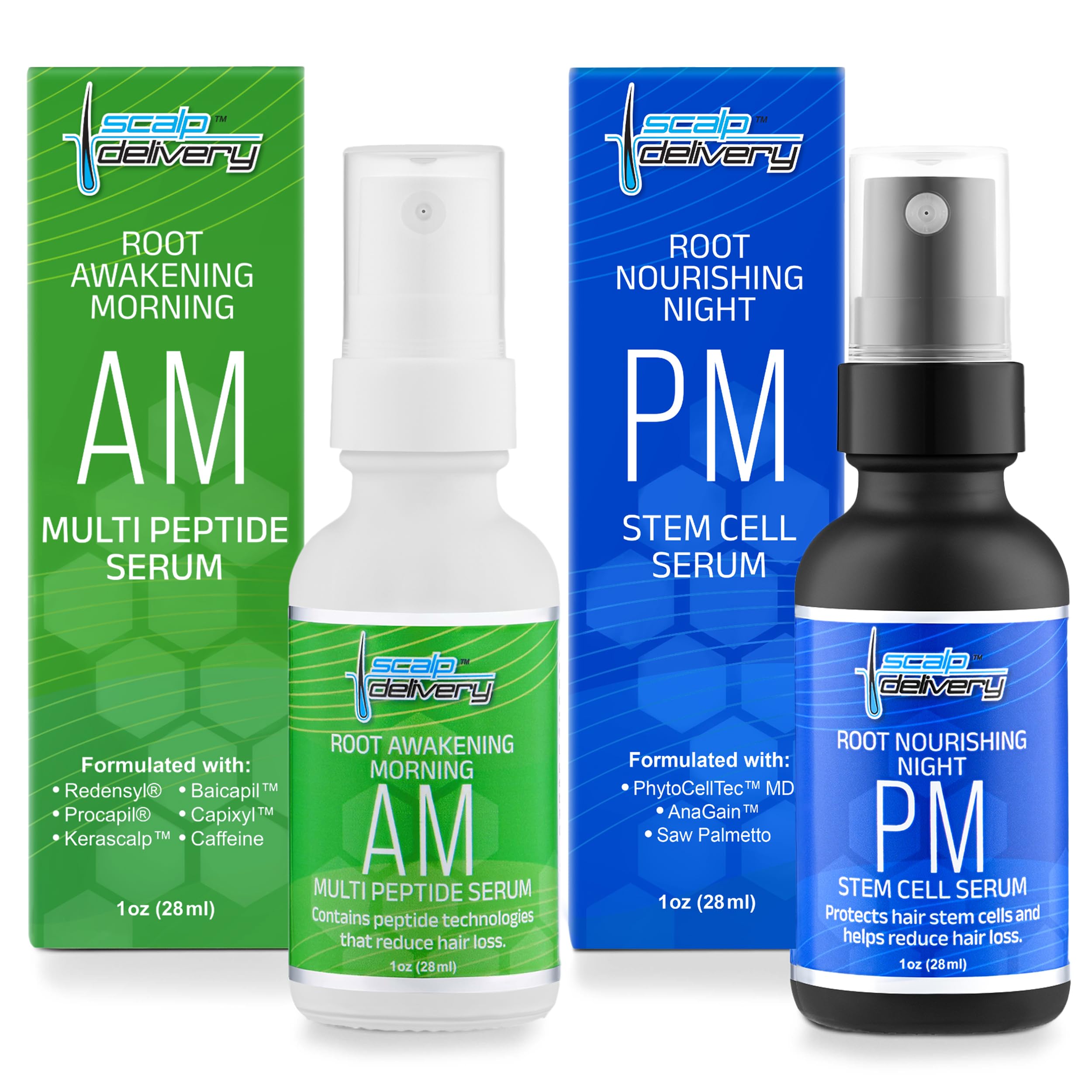 Peptide and Stem Cell Hair Growth Serum, AM & PM Bundle - Hair Growth Products for Men & Women - Helps Reduce Hair Loss, Strengthen & Thicken - Plant Based Scalp Serum for Thinning Hair