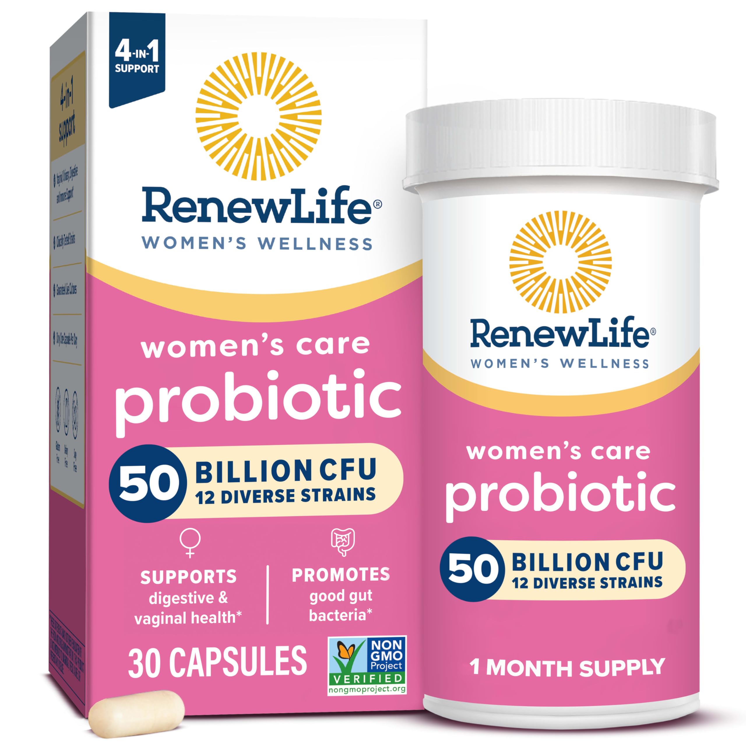 Renew Life Women's Probiotics 50 Billion Guaranteed, Probiotic Supplement, 12 Strains, Shelf Stable, Gluten Dairy & Soy Free, 30 Capsules, Women's l