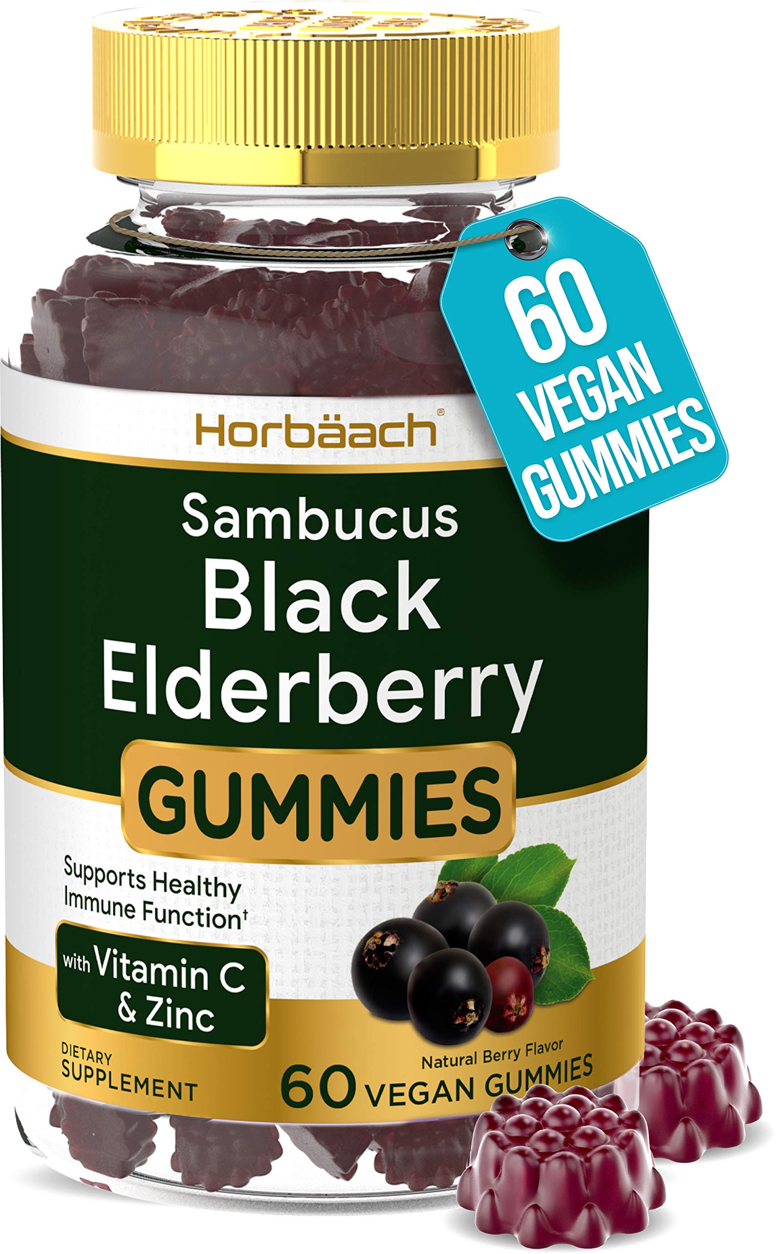 Sambucus Black Elderberry Gummies | 60 Count | with Zinc and Vitamin C | Vegan, Non-GMO, Gluten Free Extract for Adults | Natural Berry Flavor | by Horbaach