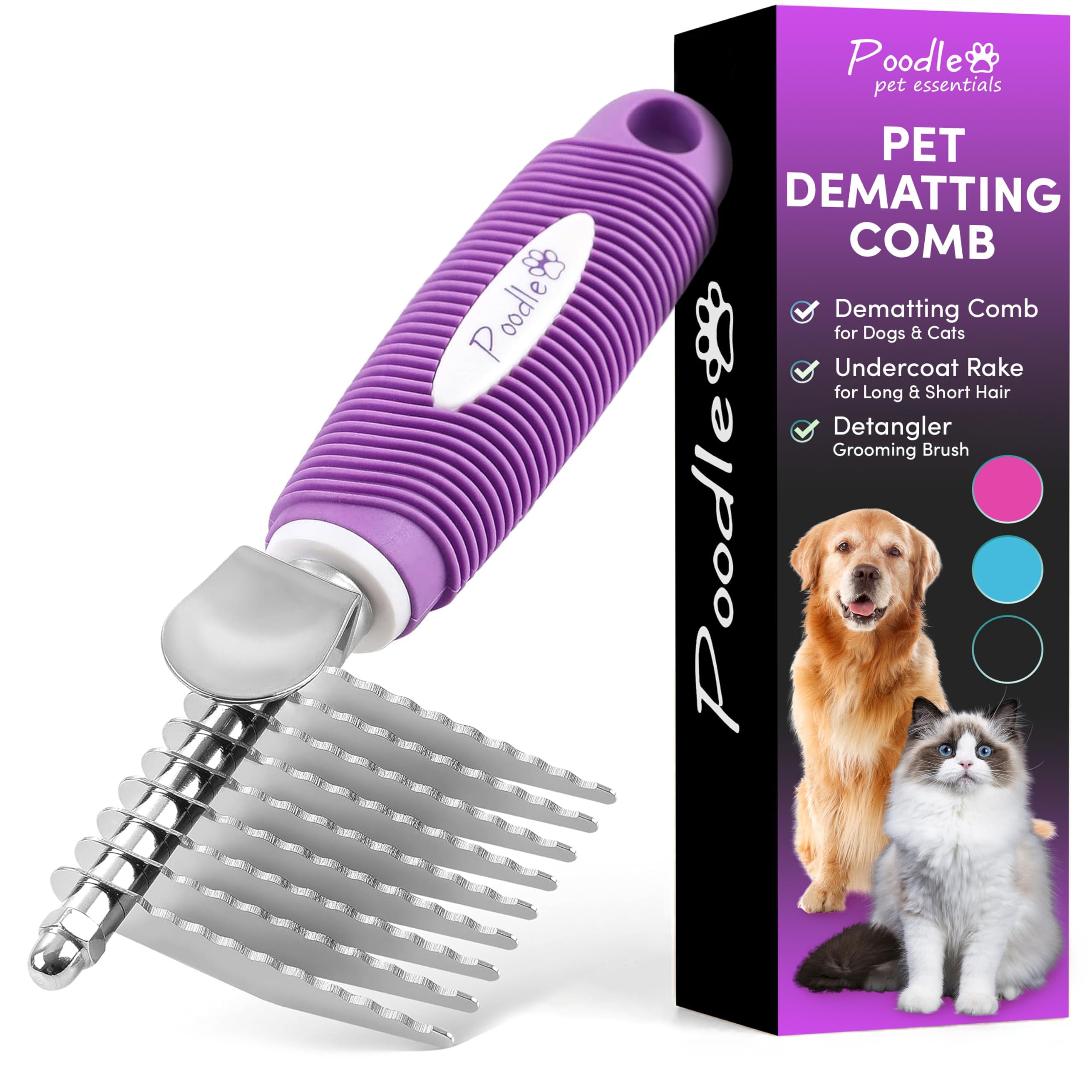 Poodle Dematting Fur Rake Comb Brush for Dogs and Cats - Long 2.5" Steel Safety Blades Metal Comb for Detangling Matted or Knotted Undercoat Hair