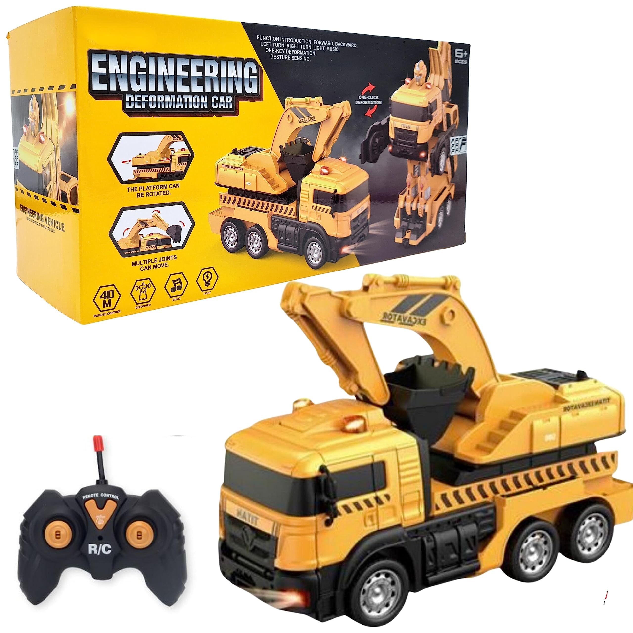 Fitto Remote Control Transforming Excavator Toy Truck RC Construction Vehicle with Shovel, Lights and Music For Kids