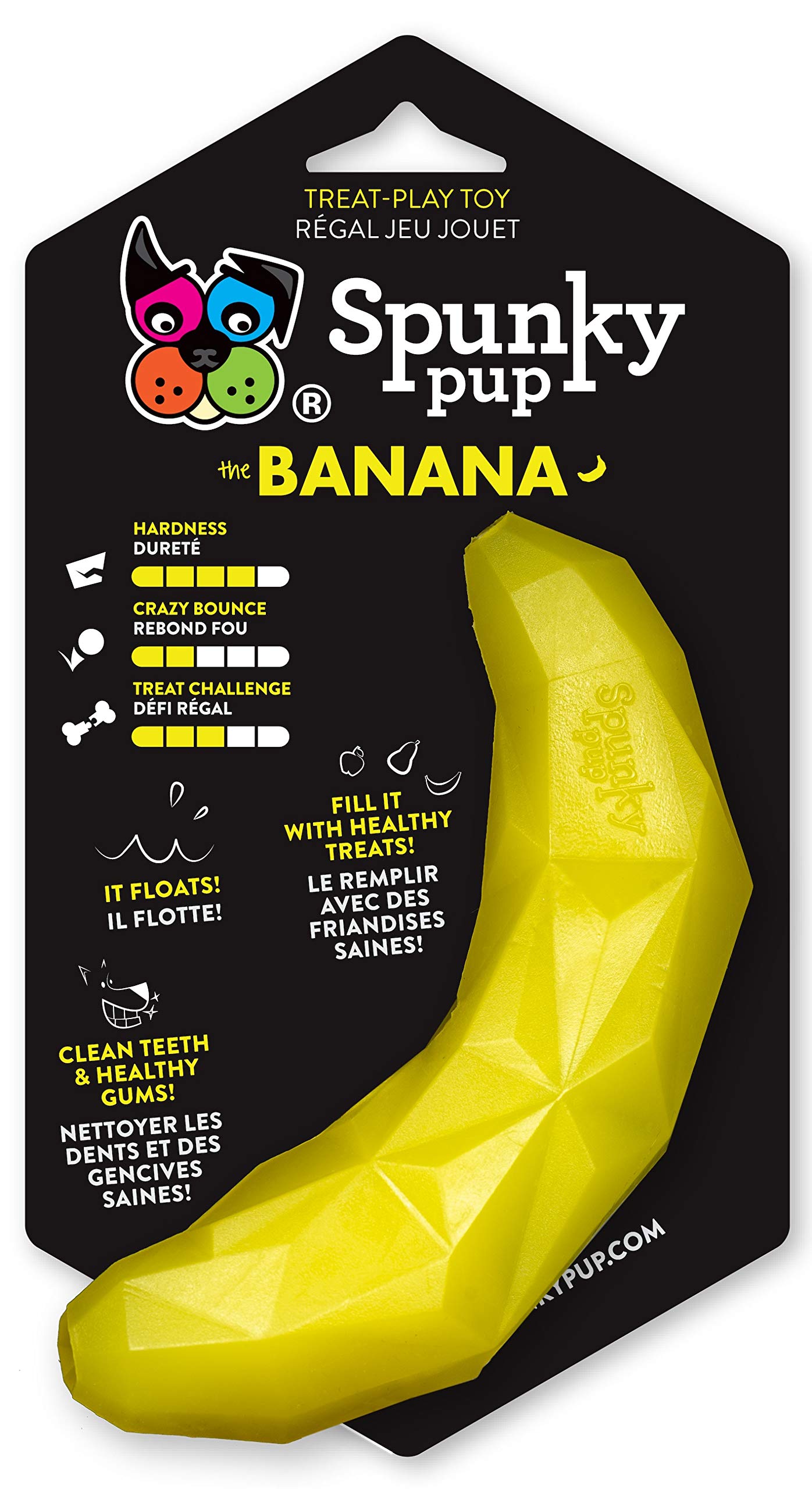 Spunky pupBanana Treat Dog Toy | Fill with Healthy Treats for a Challenge | Promote Healthy Teeth and Gums | Non-Toxic Dishwasher Safe | Crazy Bounce Shape | Floats | For Small Dogs