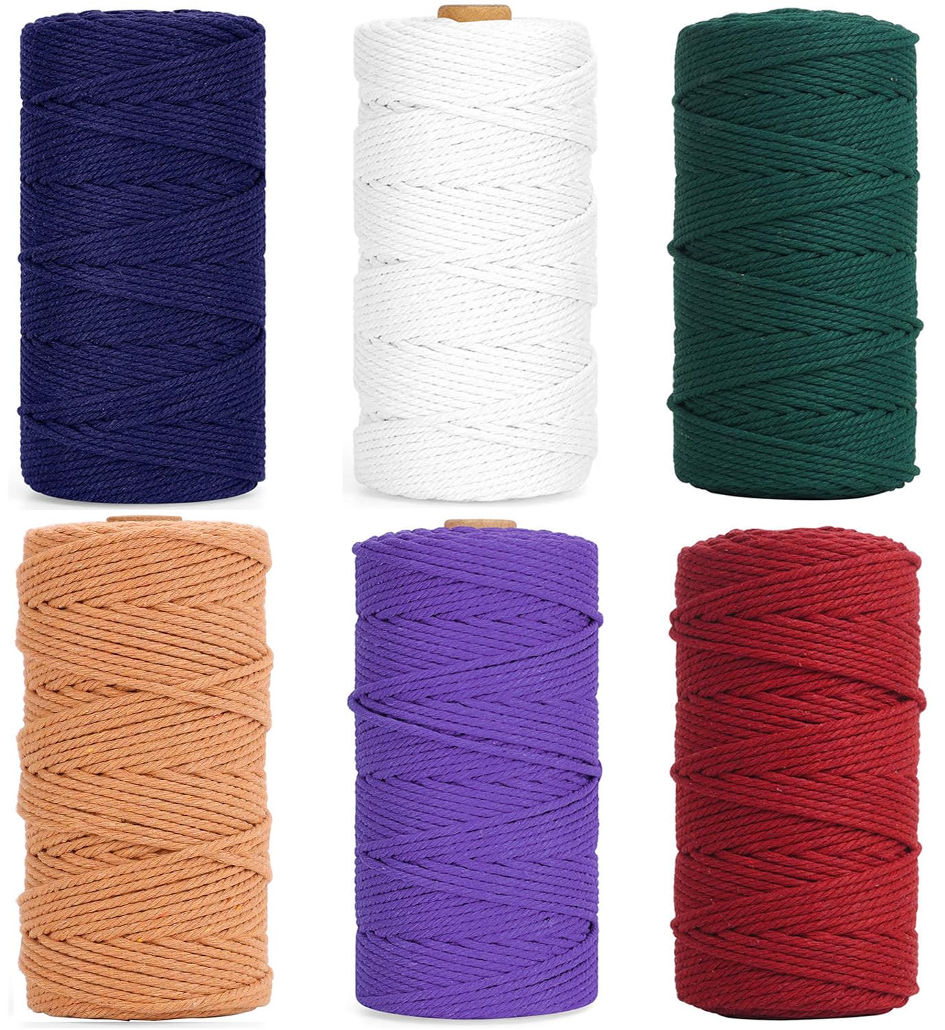 Premify 6 Pack 3mm Cotton Rope, Colored Cotton Cord, Macrame Colorful Natural Durable Handmade Art Material for Craft Wall, Hanging Plants, Drawstrings, Gardening, Home Decorations (6 x 100M)