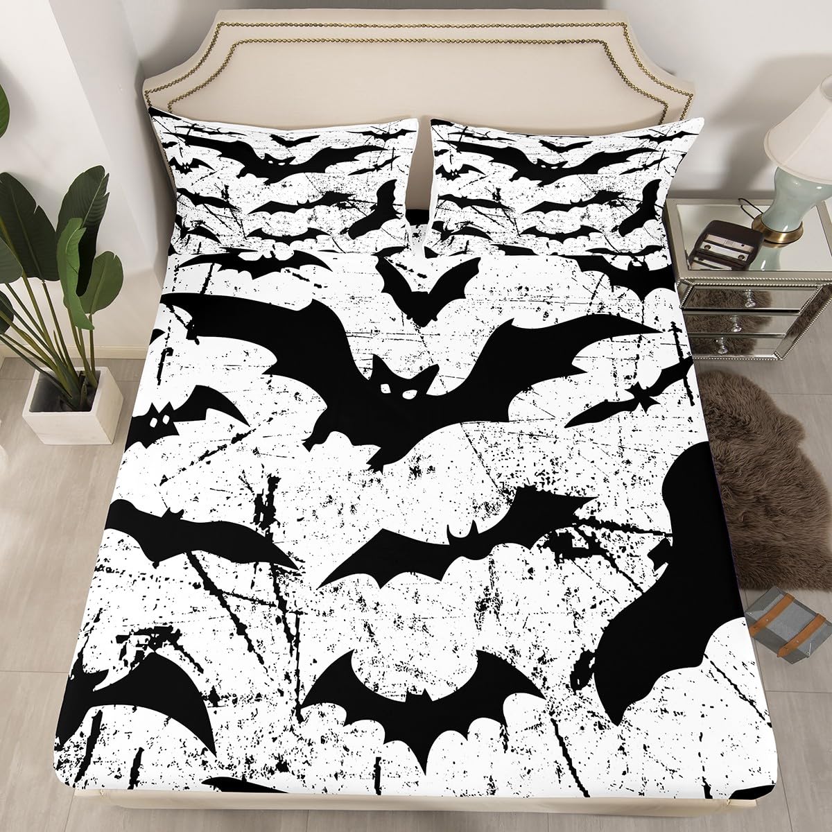 Halloween Bats Fitted Sheet Gothic Bed Sheets Black and White Bedding Set Full,Vintage Silhouette Toddler Sheets for Kids Child Girls Women,Horror Dark Shadows Cobwebs Halloween Decorations