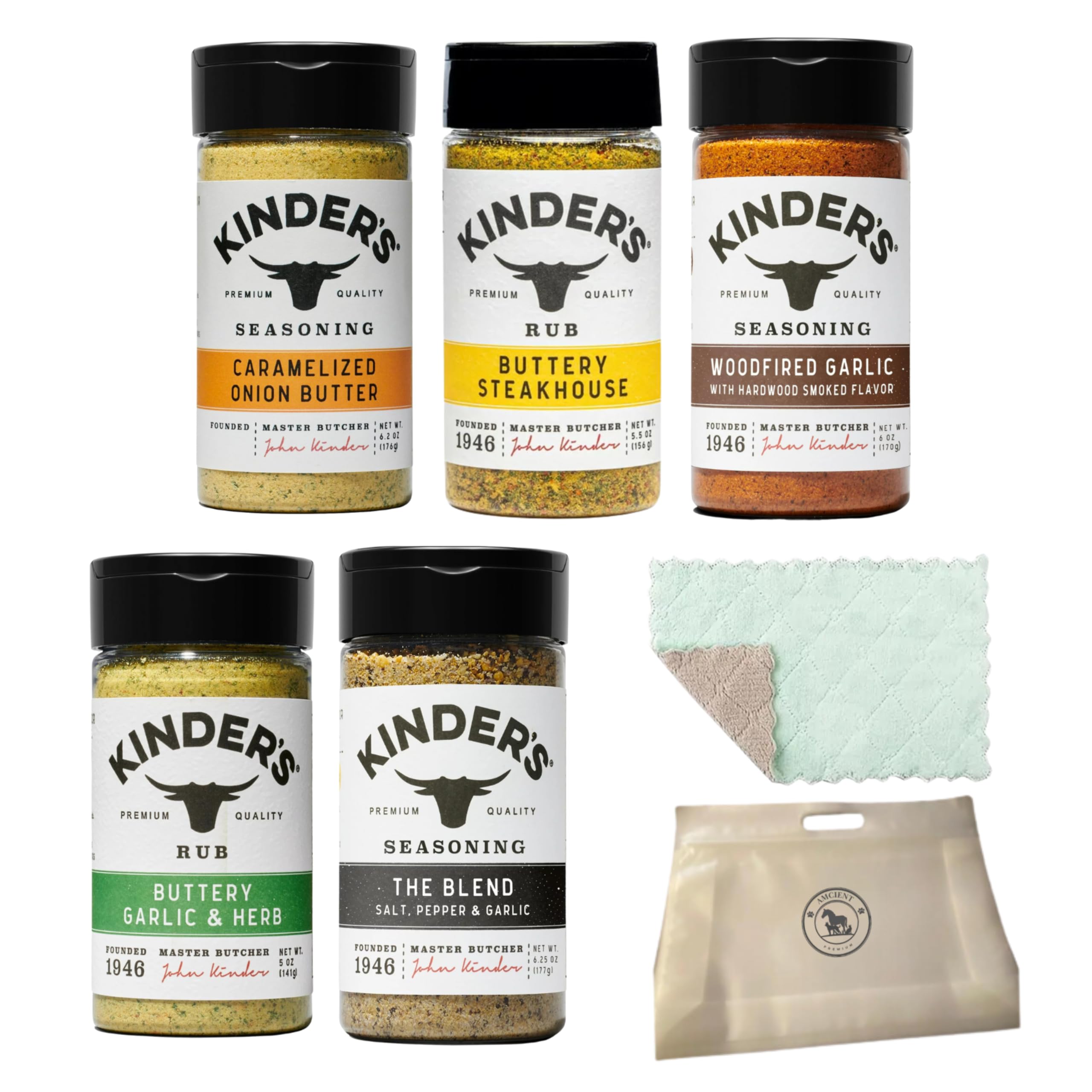 Kinders Seasoning Variety Pack - The Blend, Woodfired Garlic, Buttery Steakhouse, Buttery Garlic And Herb, Caramelized Onion Butter Bundled With Food Pouch And Microfiber Wash Cloth By AMCIENT.