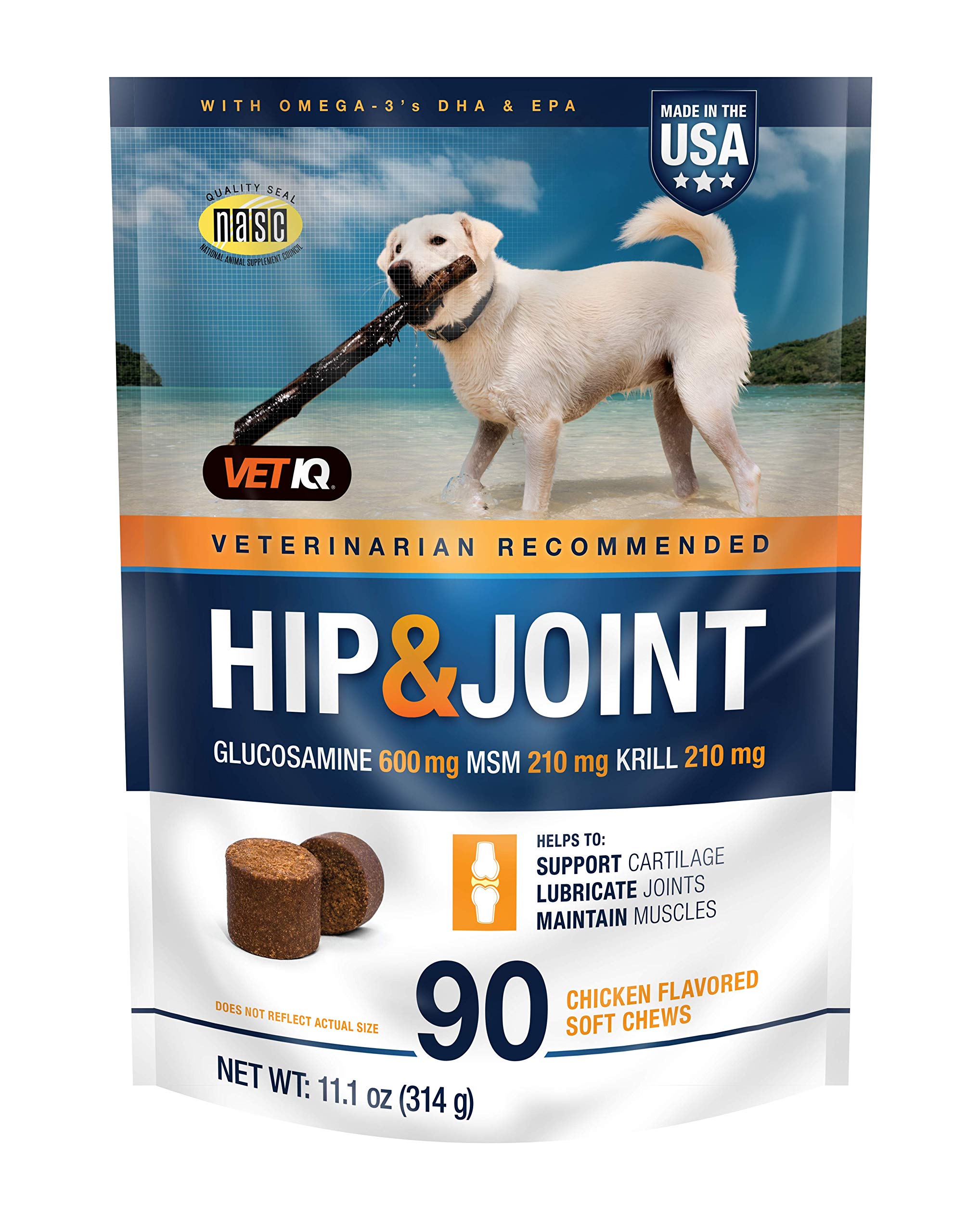 VETIQHip & Joint Supplement for Dogs, Anti Inflammatory Joint Support, Glucosamine, MSM, and Krill, Chicken Flavored Soft Chews, 90 Count