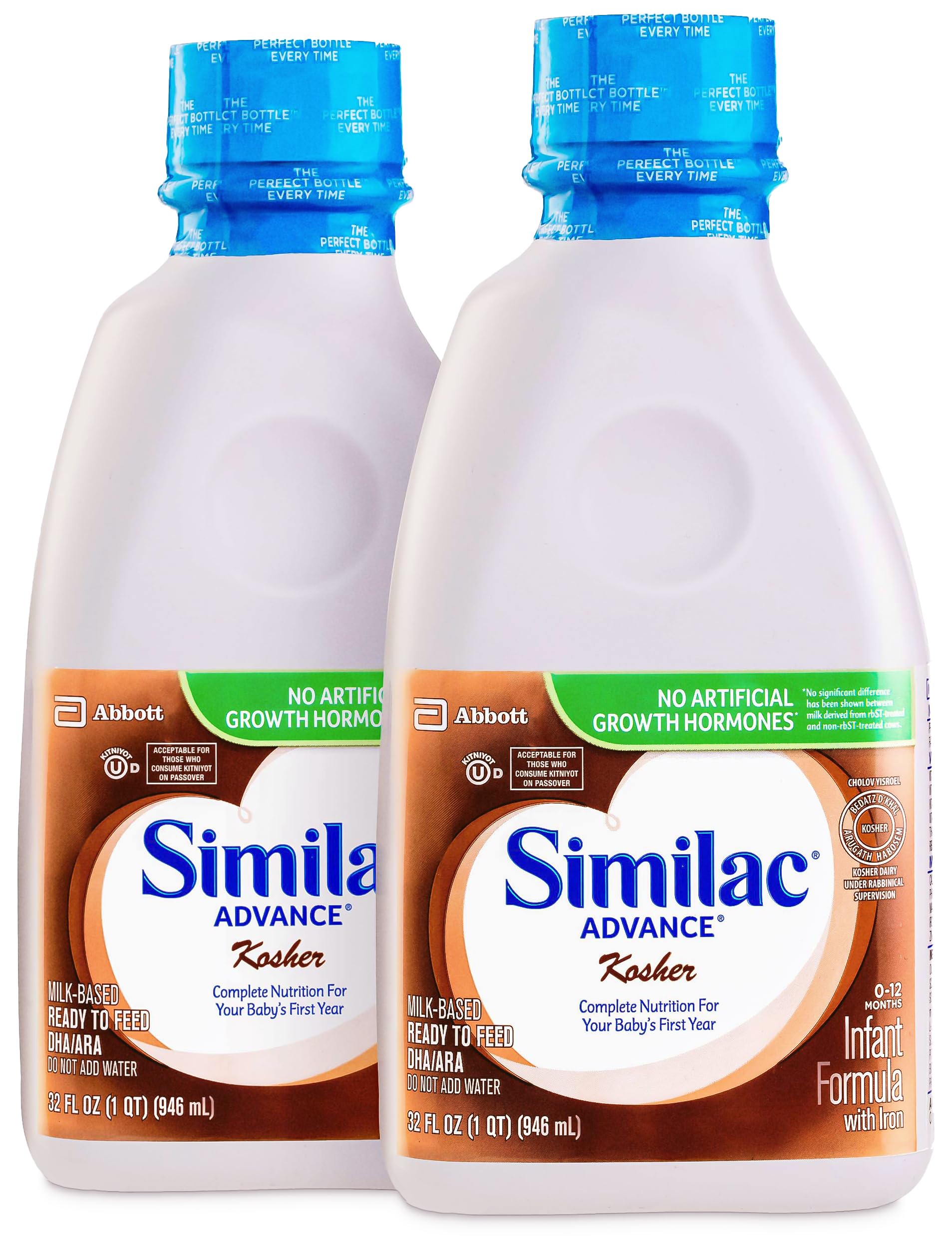 SimilacAdvance (0-12 Months) Kosher Infant Formula with Iron, 32 Fl OZ (2 Pack) Travel Friendly | Milk Based | Ready To Feed | Resealable Bottle | Cholov Yisroel