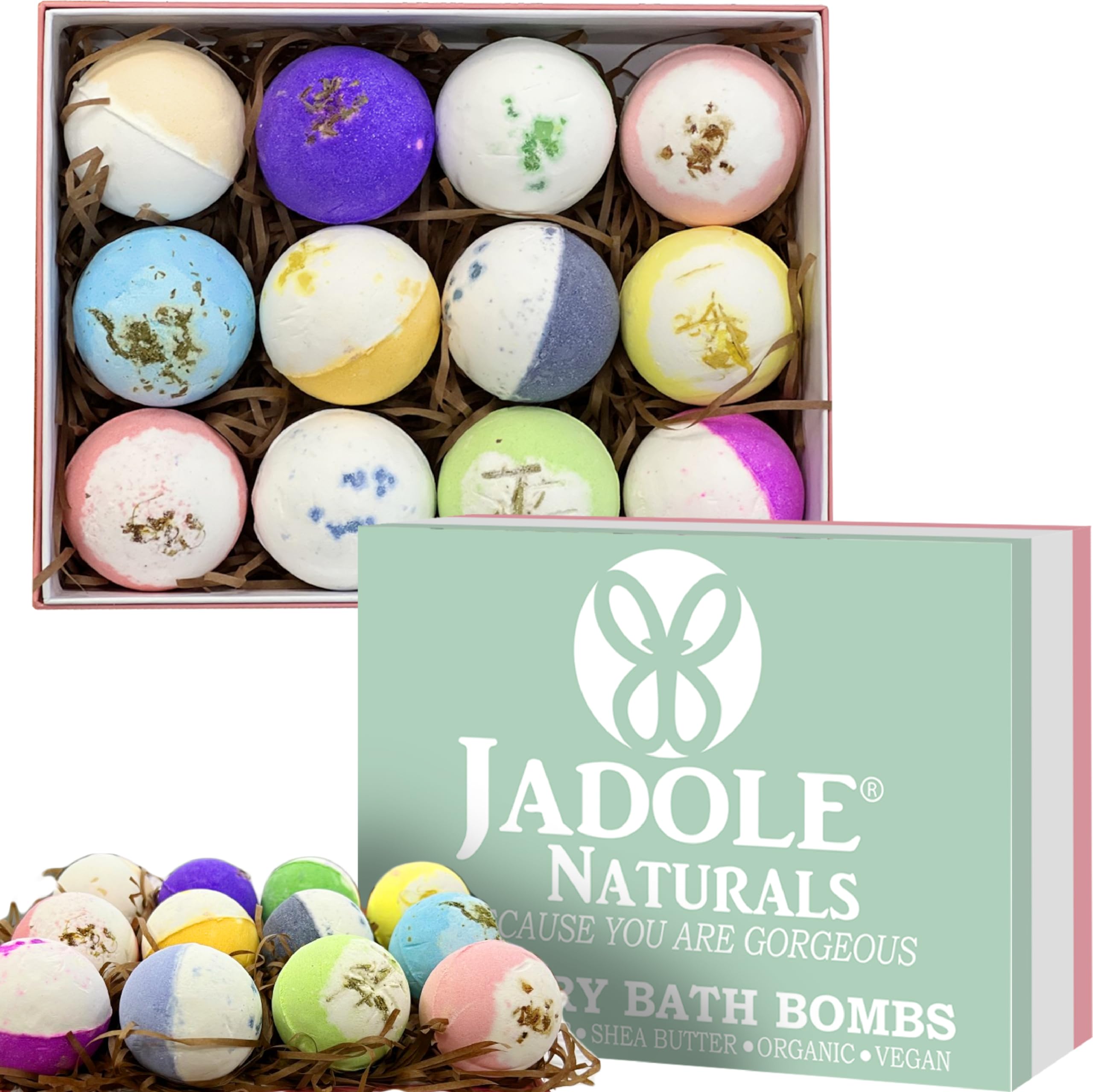 Jadole Naturals Luxury Organic Bath Bombs Gift Set- 12 Pieces | With Rich Colorful Bubbles & Flavor I Infused Natural Essential Oil Bath Bombs Set for Relaxation, Stress Relief & Skin Moisturizing