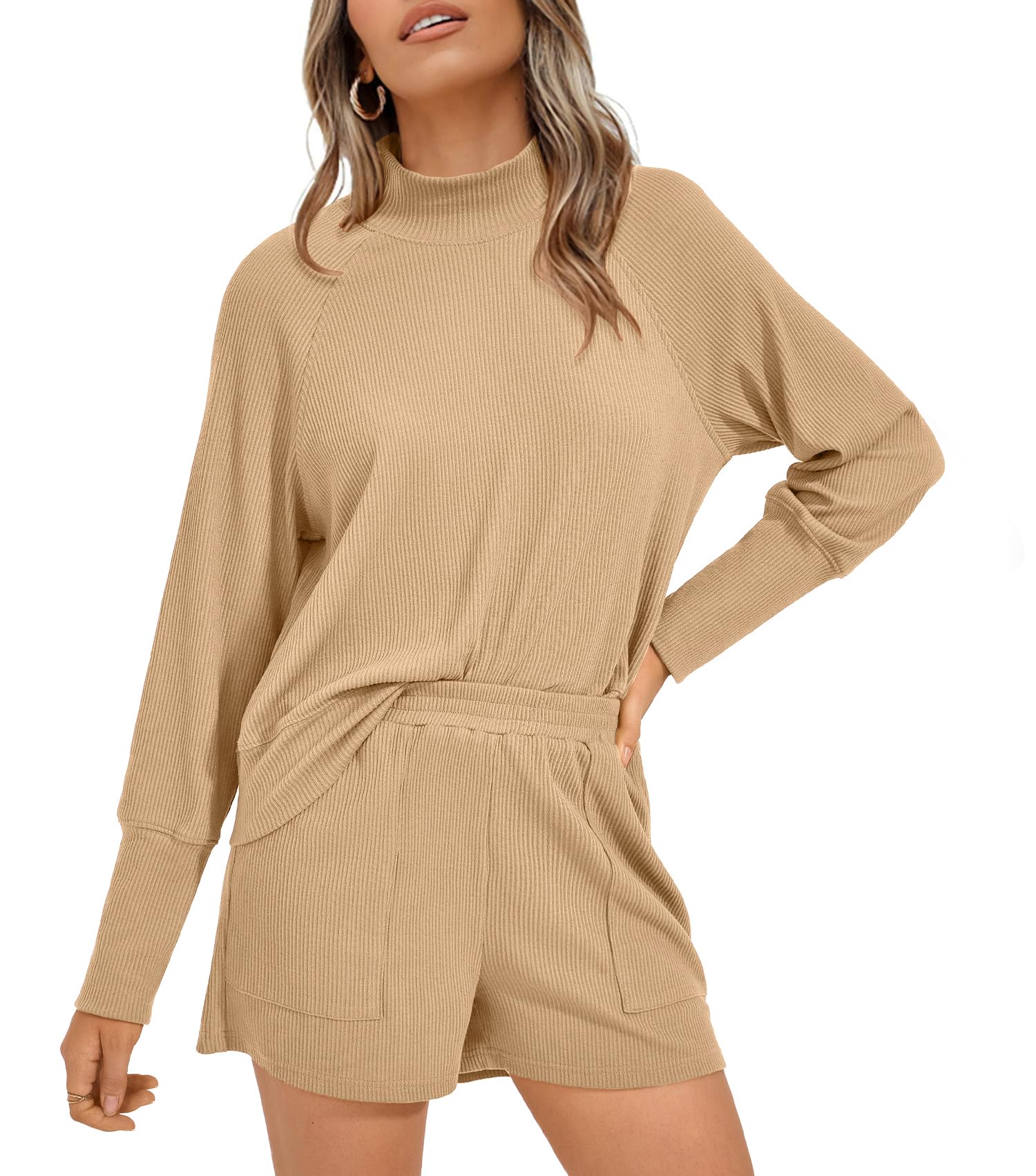 PRETTYGARDENWomens 2023 Ribbed Knit Lounge Set 2 Piece Outfits Long Sleeve Tops and Shorts Fall Loungewear Sets with Pockets