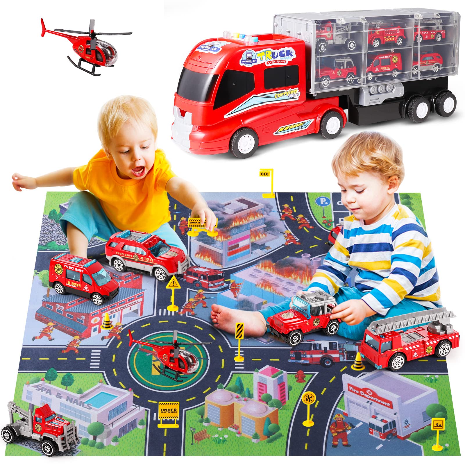 PANITU Firefighter Toys Die-cast Large Fire Truck Toy Set with Game Mat,Rescue Emergency in Carrier Truck with Sound and Light，Play Vehicle Set for Age 3 4 5 6 7 Years Old Boys Girl Gift