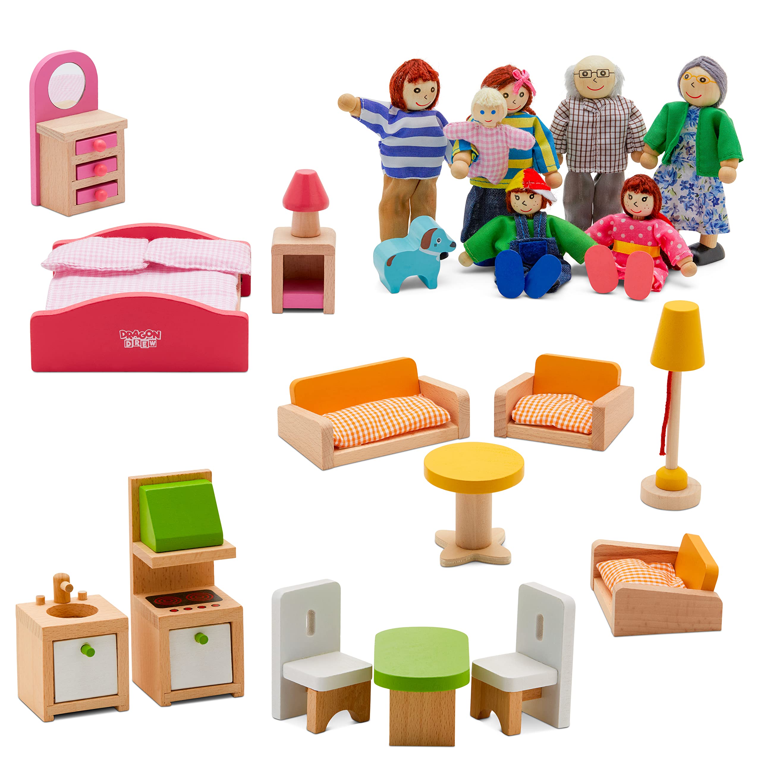 Dollhouse Furniture Set - Wooden - Living Room, Bedroom and Kitchen Accessories, Family Members, Pet – 100% Natural Wood, Nontoxic Paint, Smooth Edges