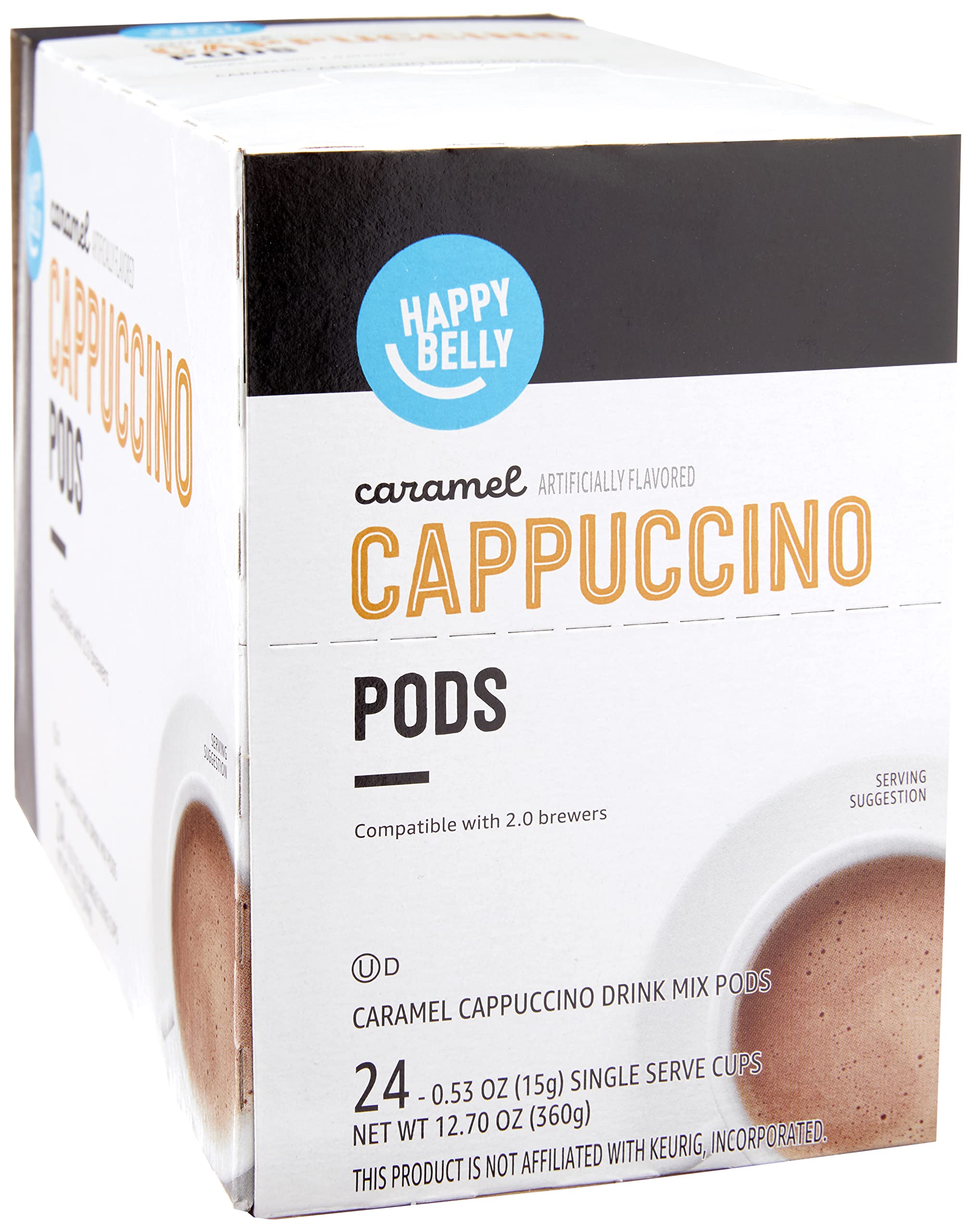 Amazon Brand - Happy Belly Cappuccino Coffee Pods Compatible With K Cup Brewers, Light Roast, Caramel Flavored, 24 Count, 12.72 ounce (Pack of 1)