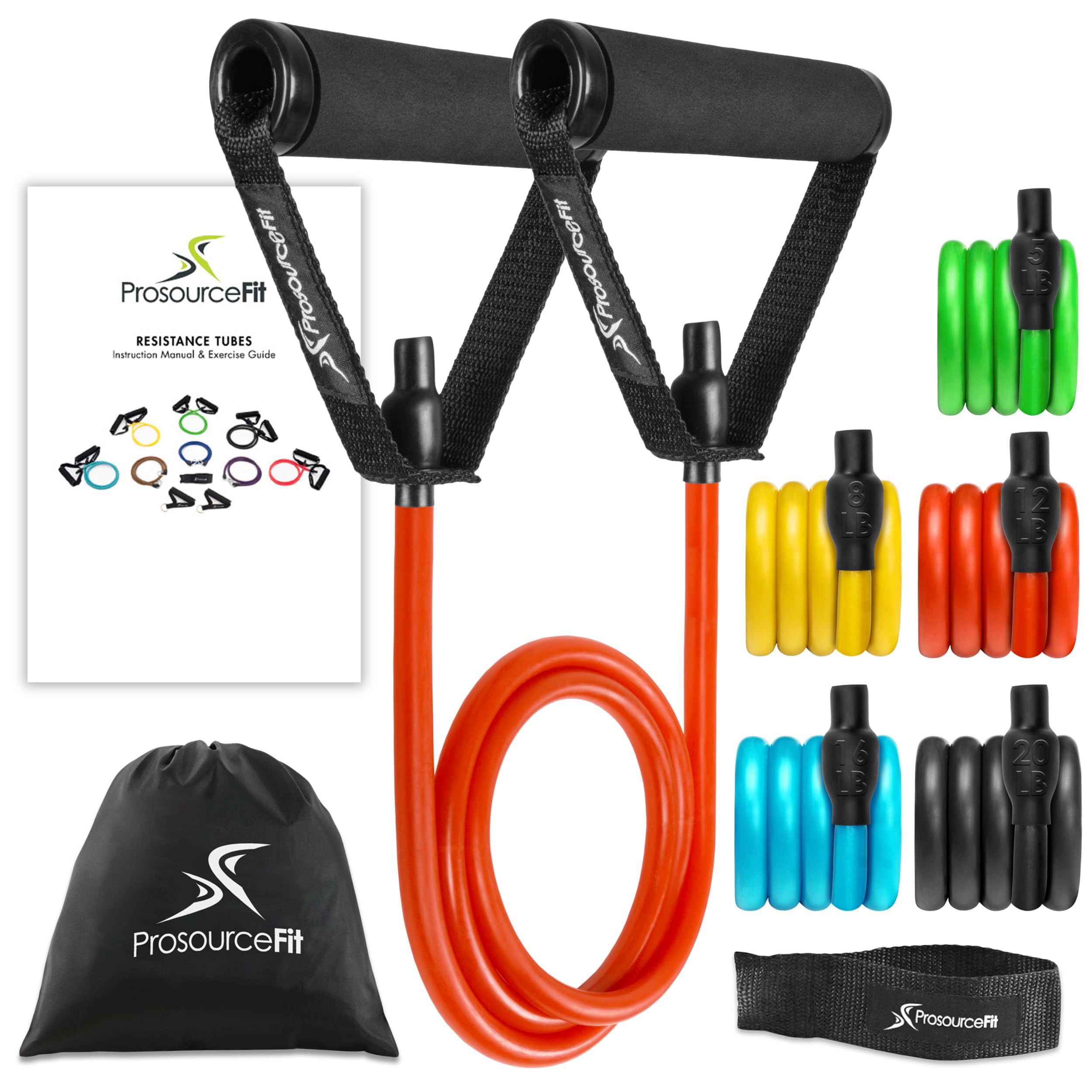 ProsourceFit Single Stackable Resistance Bands with Door Anchor and Exercise Guide, Heavy Duty Fitness Tube for Full-Body Exercises and Home Workouts