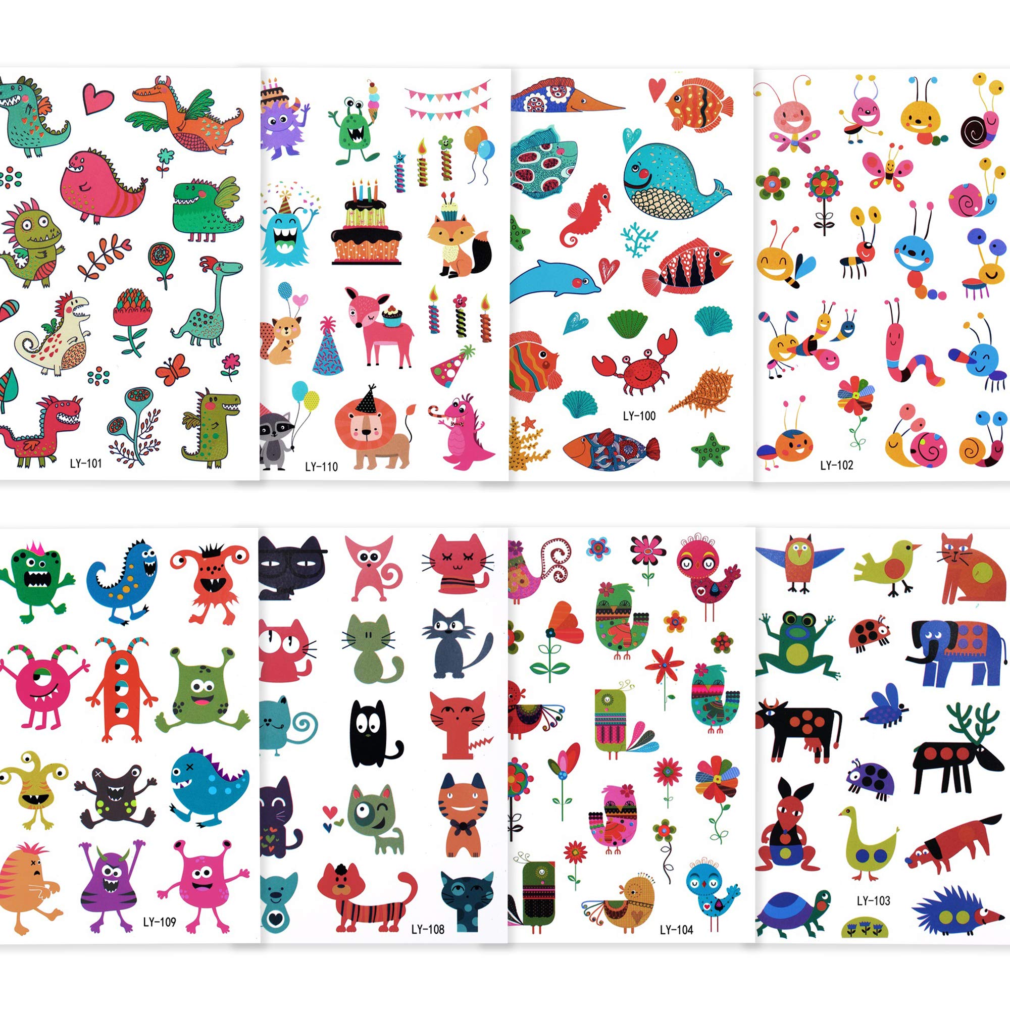 160Pcs Animal Zoo Temporary Tattoo Kit Waterproof Fake Body Stickers Kids Lion Cartoon Tiger Cat Monster Butterflies Flowers Hearts with Transfer Paper for Safari Theme Birthday Party Favors Supplies