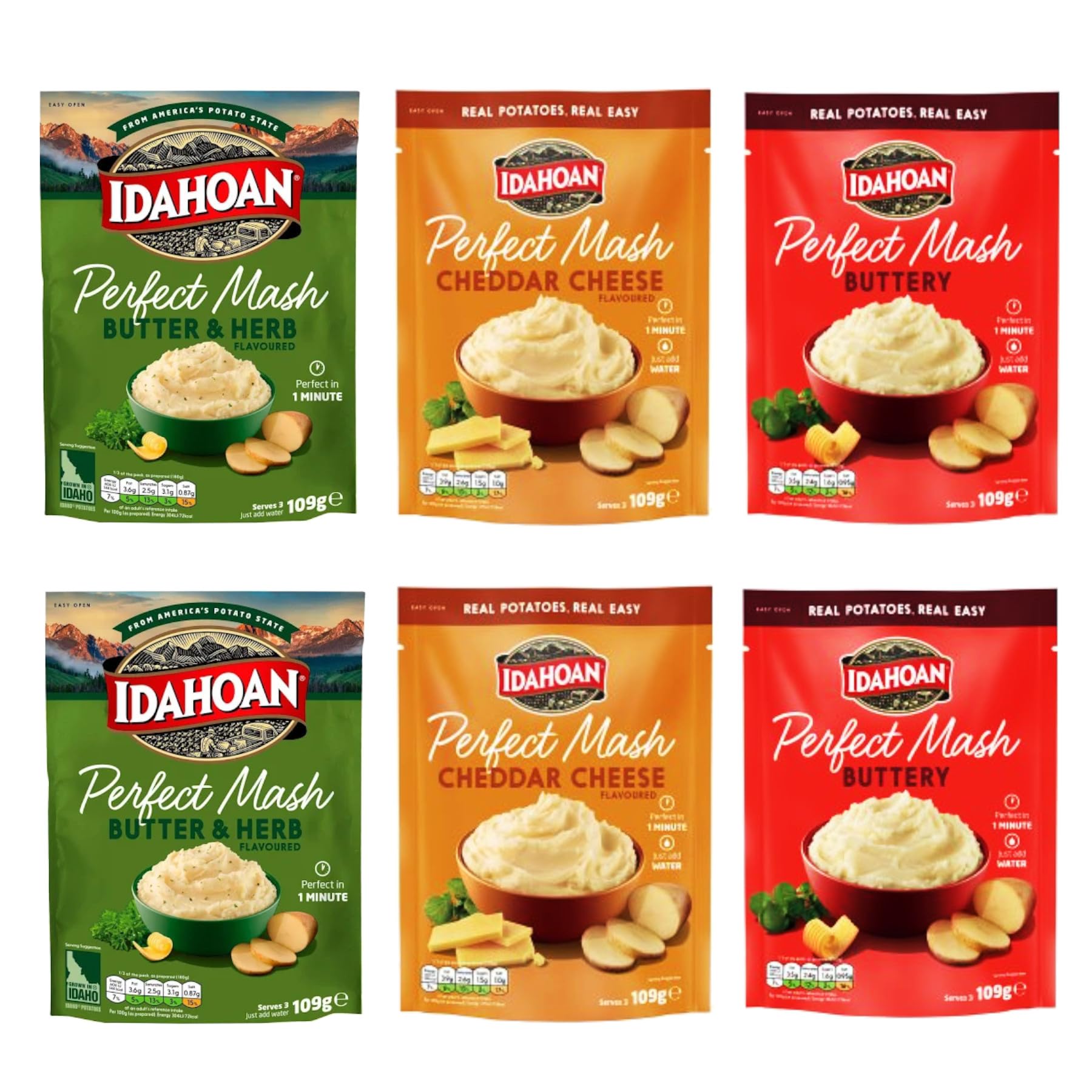 Delicious Instant Mash Potato Variety Bundle - with 6x 109g Packs of Tasty Idahoan Mash Potato - Cheddar Cheese, Butter and Herb, and Buttery Mash - Vegetarian and Gluten Free Dehydrated Meals